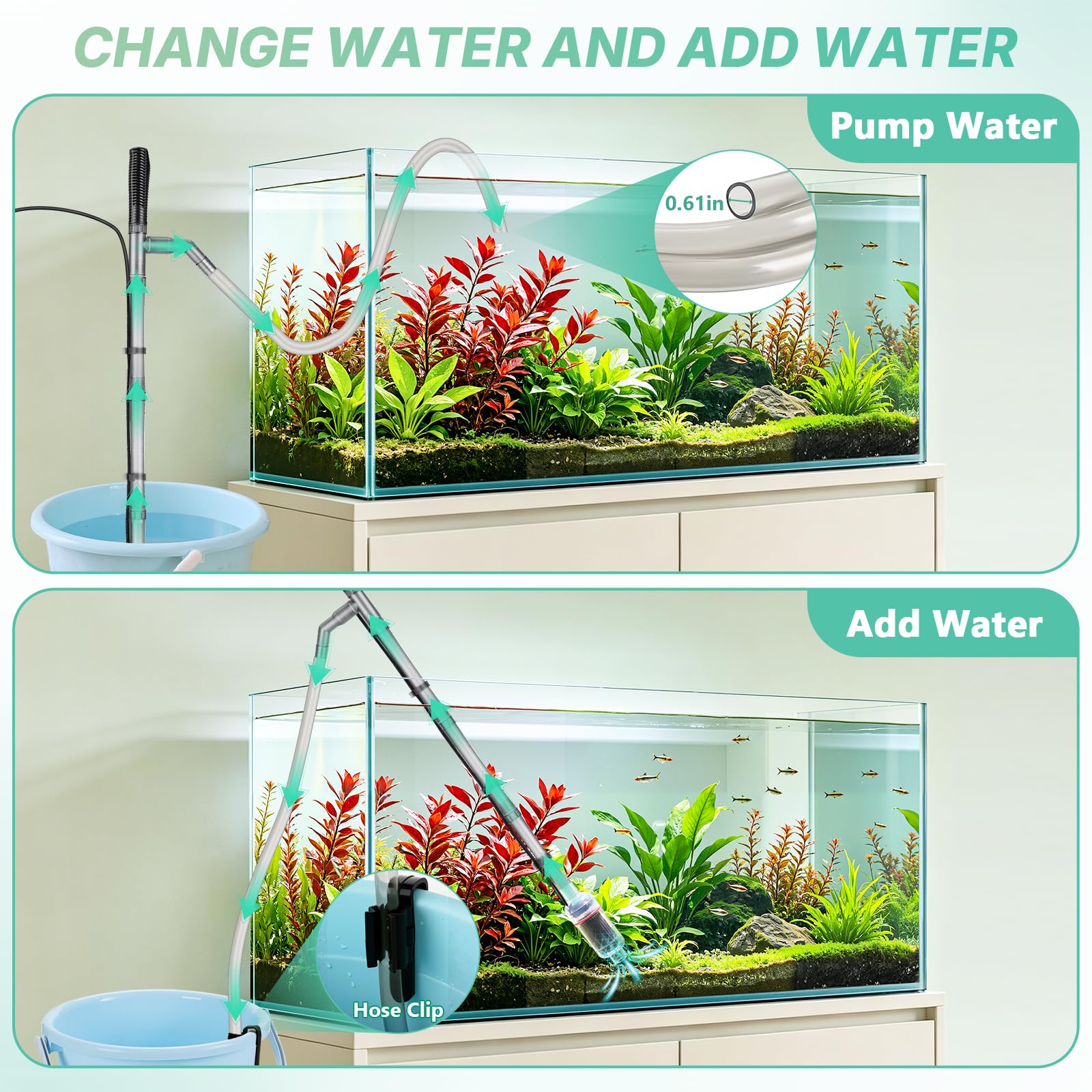 hygger 15W Aspirateur Aquarium Electrique, 5-en-1 Kit Nettoyage Aquarium | 2000L/h Nettoyeur Aquarium,Longueur Réglable,Automatique avec Laveur de Sable et Changeur d'eau,For Freshwater & Saltwater