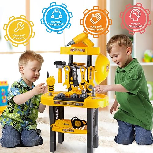 Miniatura 2 de UNIH Banco de herramientas para niños pequeños, juego de herramientas de banco de trabajo para niños, juguete de simulación, juego de herramientas