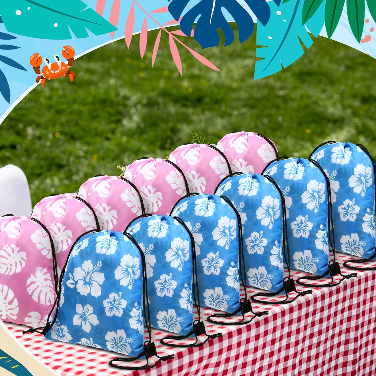 Yiyiring 16 Pcs Hawaiian Drawstring Bags Bulk 12 x 10 Inch Hibiscus Party Favors Bags Hawaii Themed Party Favors Decor for Kids Birthday Baby Shower Summer Holiday Supplies(Classic Hibiscus) - Image 7