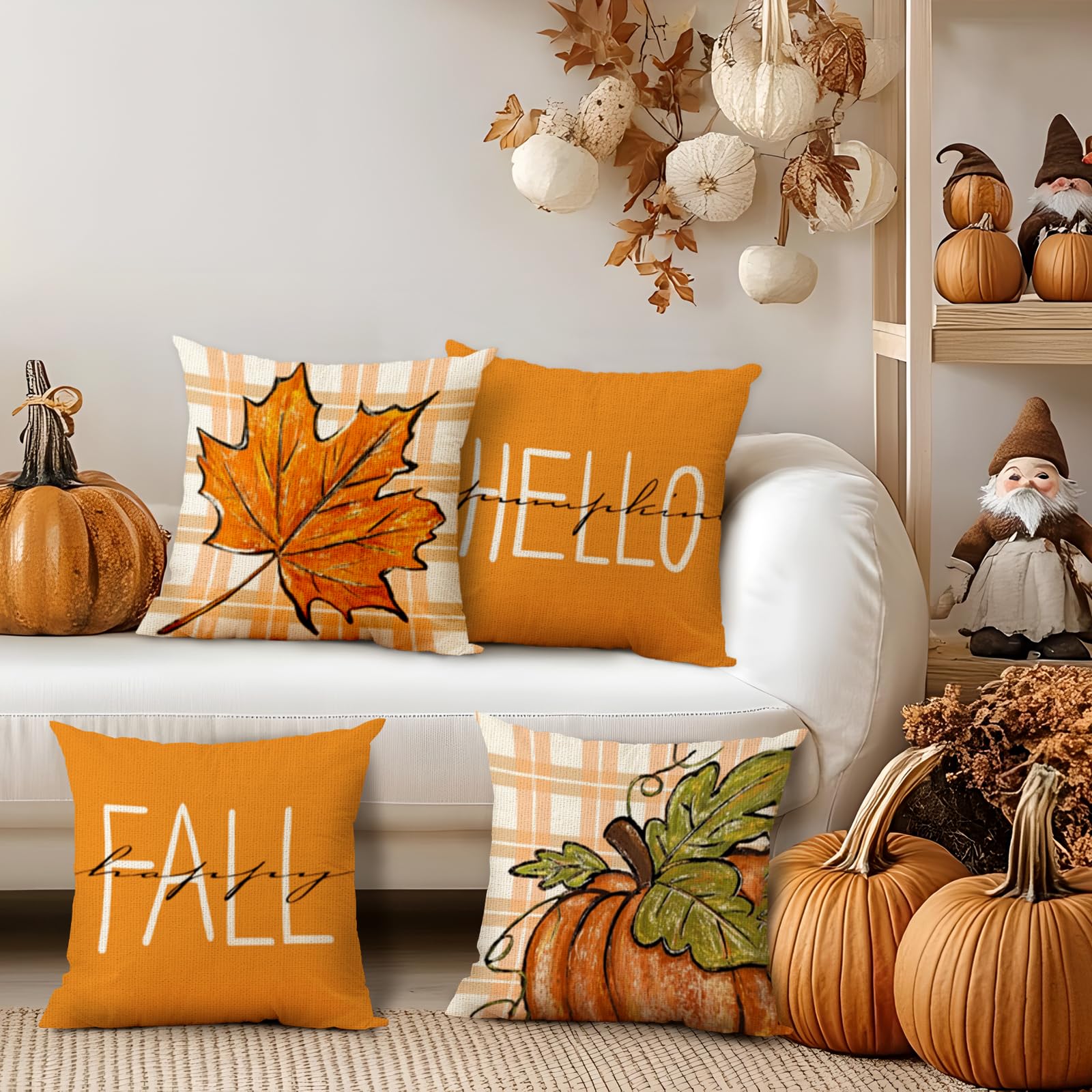 Fjfz Set Di 4 Federe Per Cuscini Decorative 45x45 Cm, Tema Autunno: Zucca, Caffè, Foglie D'Acero, Portico – Cotone E Lino, Cerniera Nascosta, Ideali Per Divano E Arredo Casa
