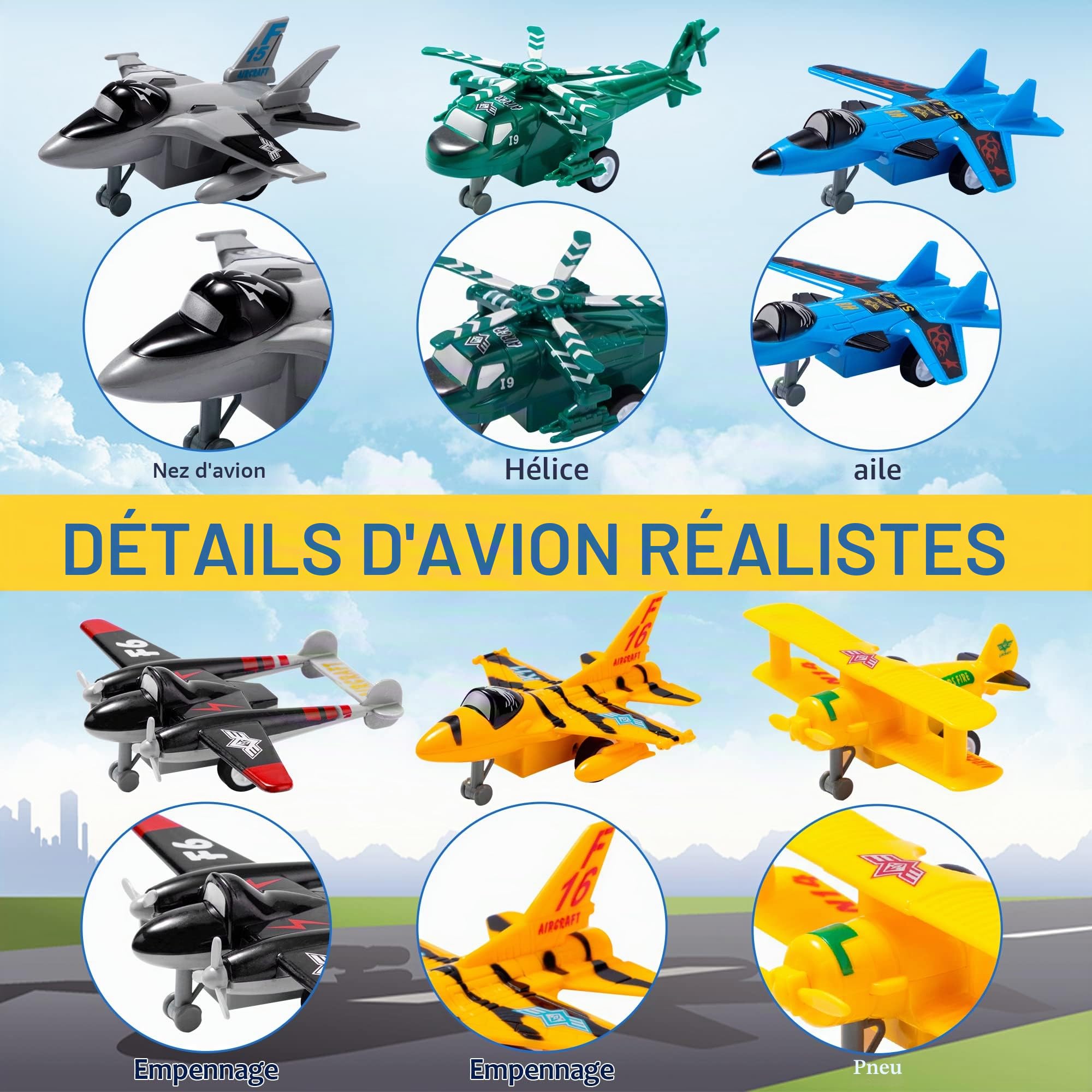 JOYIN 16 Pièces d'Avion à Tirer, Ensemble de Jeu pour Garçons, Comprenant Hélicoptère, Avion à Réaction, Cadeaux pour Tout-Petits et Enfants de 2 à 8 Ans