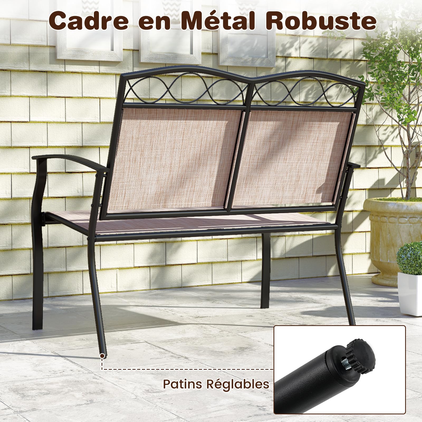 GIANTEX Banc Exterieur Jardin avec Dossier et Assise en Tissu Respirant, Charge 300 kg, Cadre en Métal Robuste avec Accoudoirs, Banquette Exterieur Jardin 2 Places pour Porche, Patio, Piscine, Marron