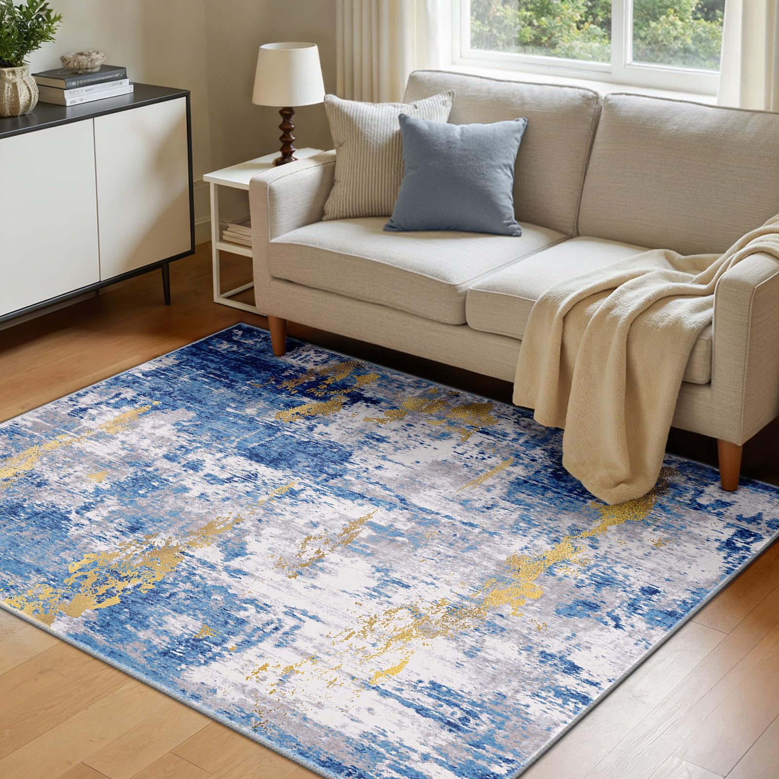 INOVADAY Washable Rugs Living Room 120x180 cm Modern Abstract Rug with Soft Low Pile Vacuum Friendly Non Slip Backing Minimalist Carpet for Lounge Bedroom Dining Room Home Office Blue/Gold