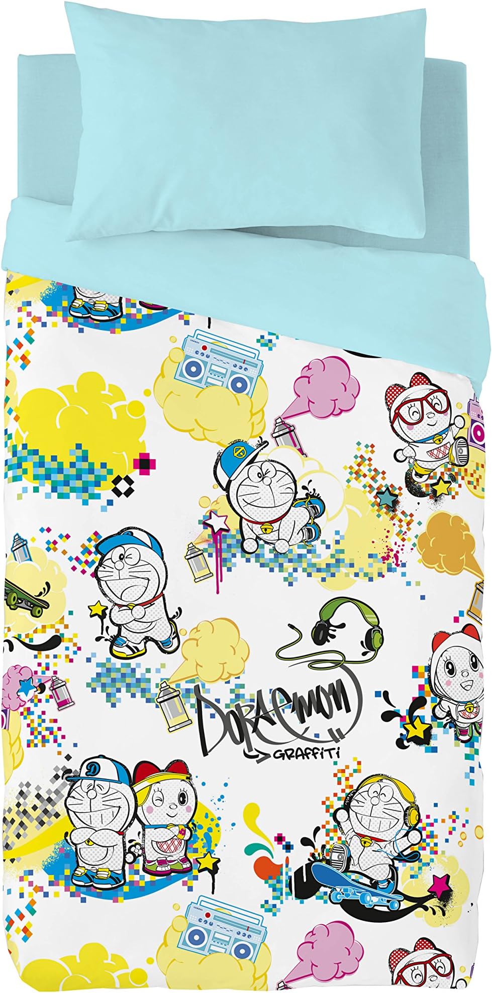 Licenses Euromoda Duvet Cover Set Doraemon Spray Blue/Multicolour 150 x 220 + 145 X110 cm
