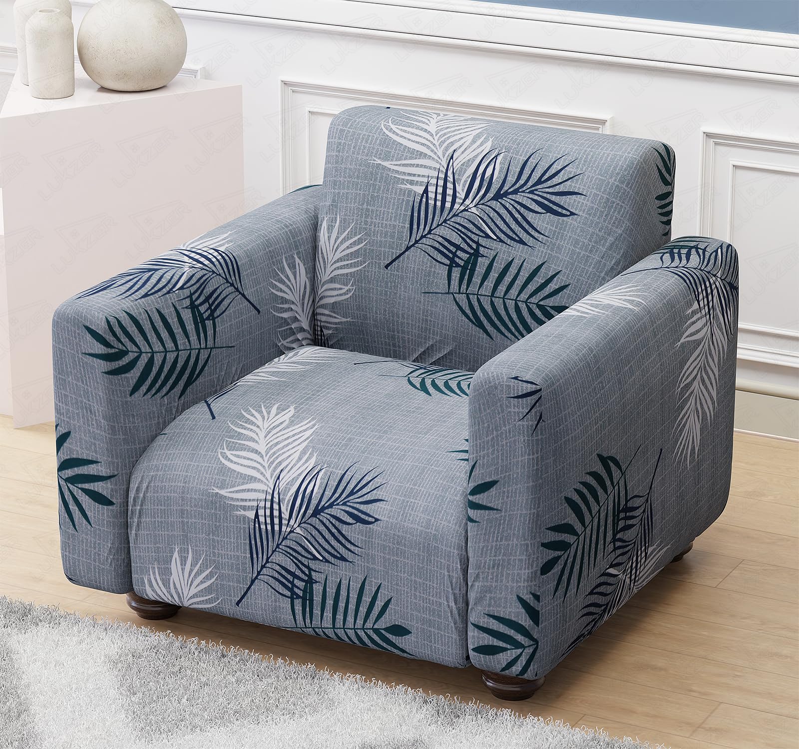 Lukzer 1 Seater Dark Grey with Print Universal Sofa Cover | 360° Fully Covered Anti-Slip Washable Couch Cover Protector | 140 GSM Stretch Fit Polyester + Spandex Slipcover (90-140cm/SC-004-01)