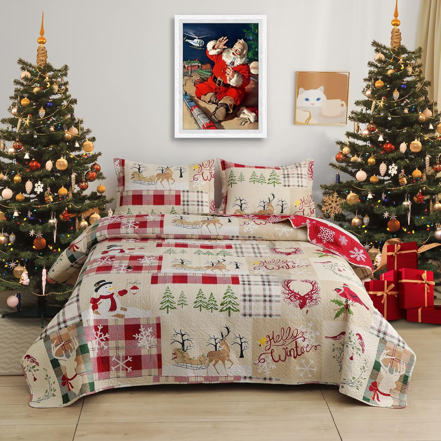 Junsey Christmas Quilt Set King Size Red Buffalo Plaid Bedding Snowman Patchwork Bedspread Lightwight Reversible Xmas Deer Coverlet with 2 Pillowshams