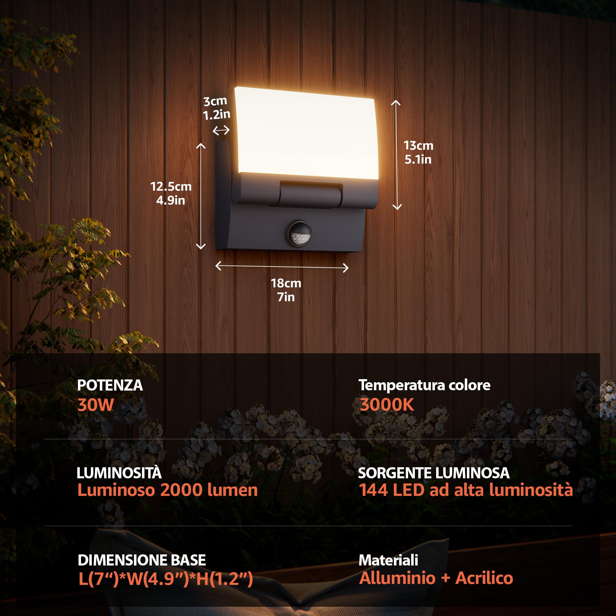 K-Bright 2 pezzi 30W LED Applique Esterno/Interno con Sensore di Movimento, Lampade da Parete Orientabile IP65 Applique da Parete in Alluminio per Giardini Terrazza, Antracite, Bianco caldo 3000K