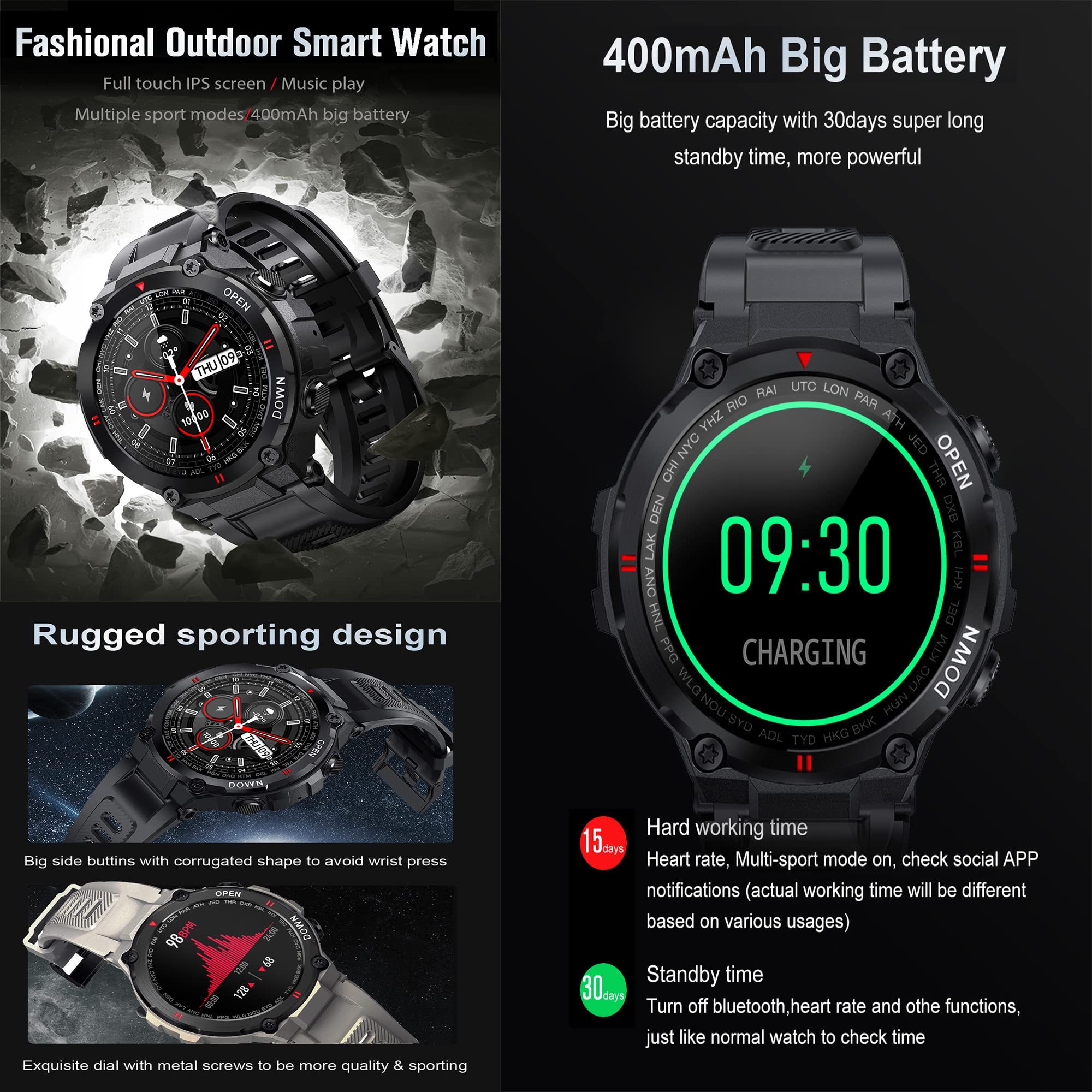 Reloj Inteligente para Hombre, Bluetooth, IP67, Resistente al Agua, Pulsera Inteligente para Cardio y podómetro, smartwatch Deporte, Fitness, rastreador de Actividad, Control de música