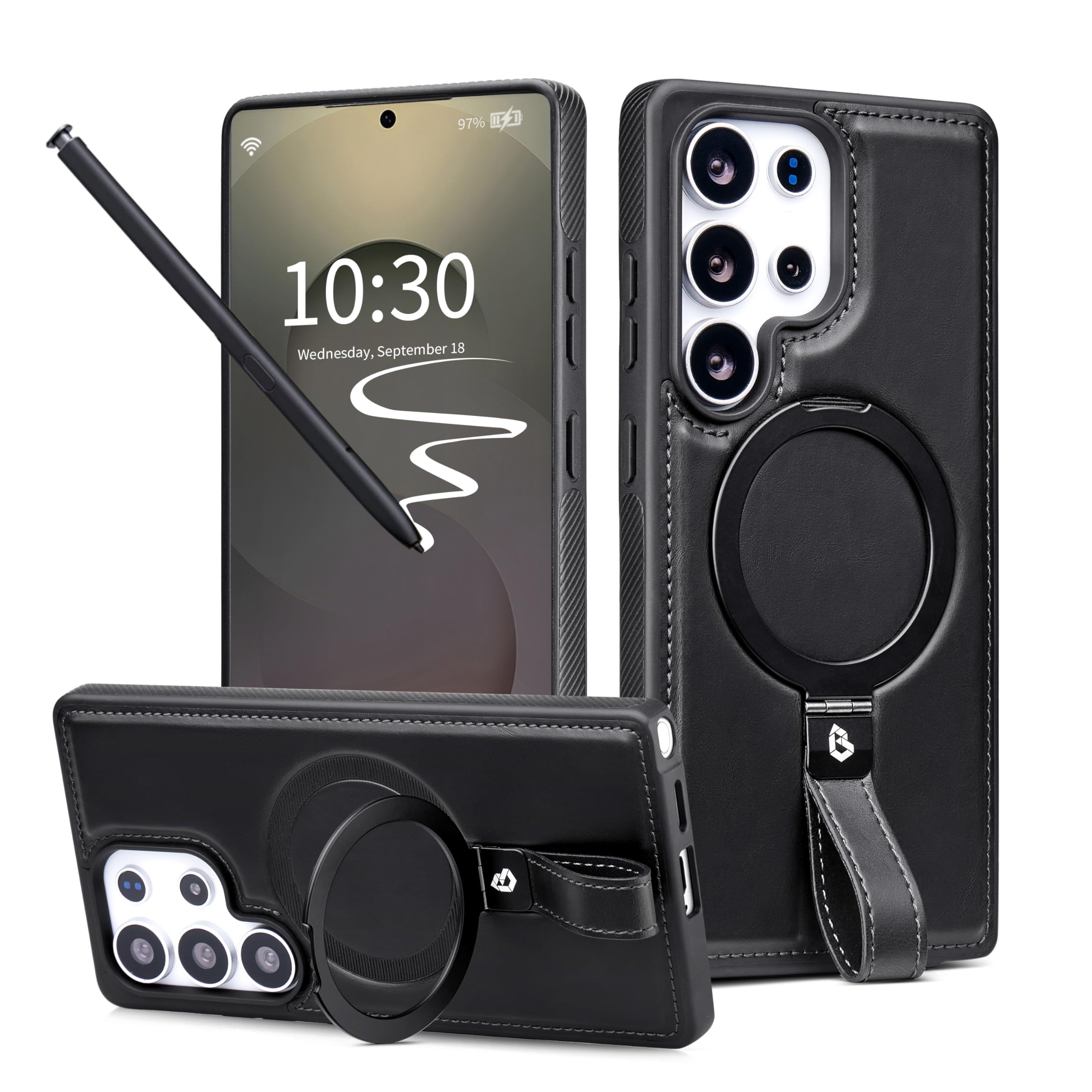 Butaiga for Samsung Galaxy S23 Ultra Case Leather with Stand, Black | Finger Loop, Relieve Smartphone Pinky Strain, Kickstand, Fit for Magsafe, Slim