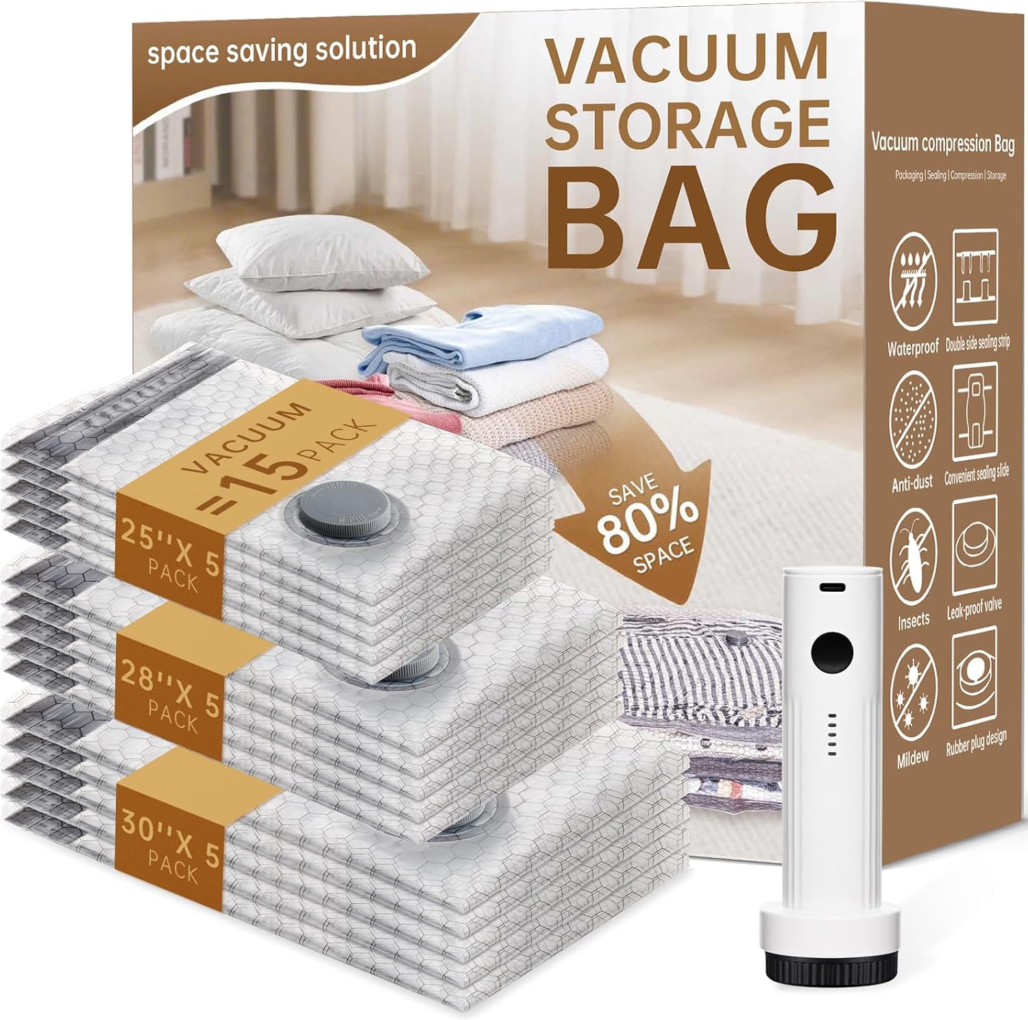Bolsas de vacío para viajes con bomba recargable inalámbrica, paquete de 15 bolsas de sellado de compresión para equipaje y maleta, bolsas de almacenamiento al vacío ahorradoras de espacio para ropa y