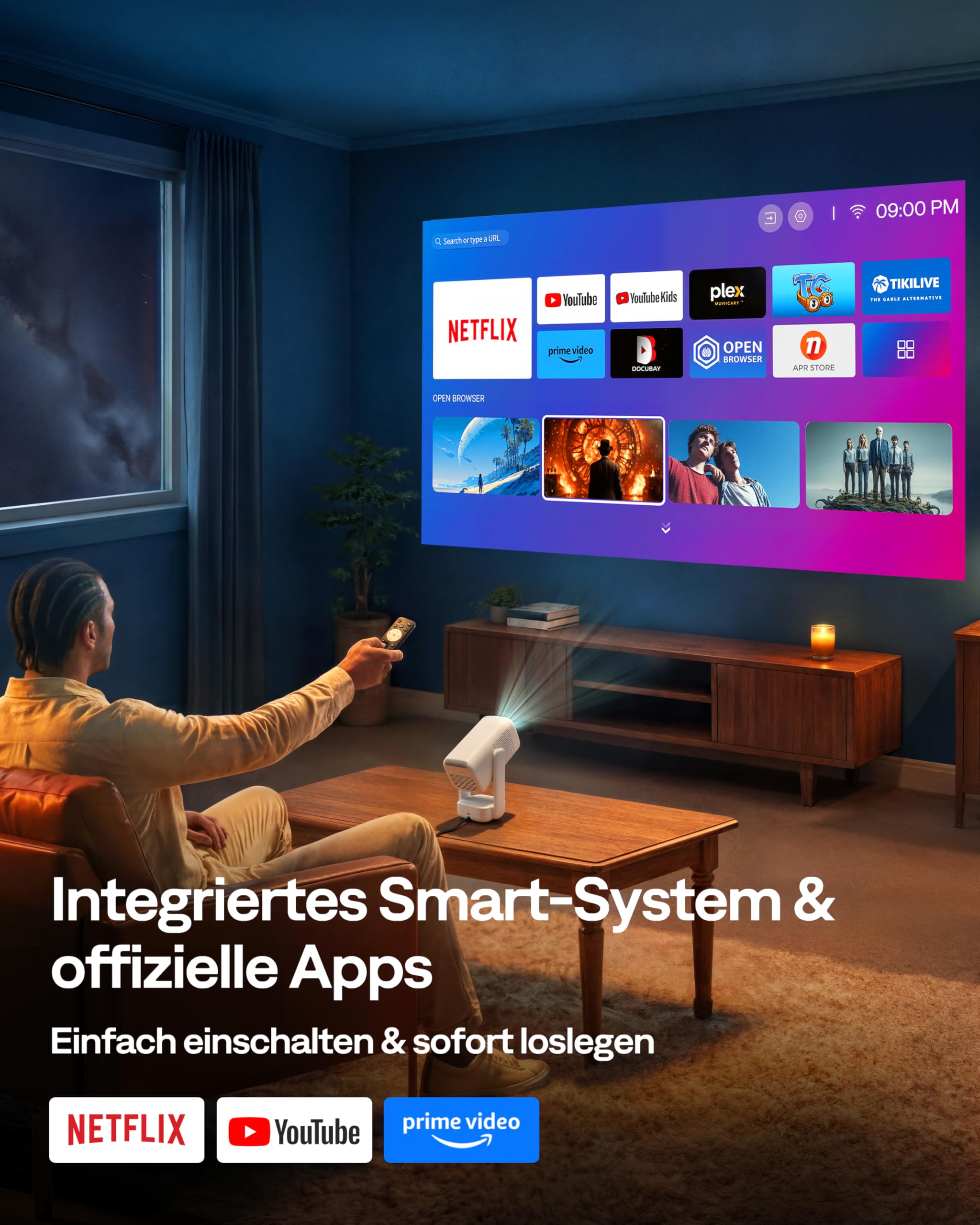 Aurzen D1 air Smart Beamer mit Netflix, 16W Dolby Audio, Beamer Outdoor 1080P mit HDR10 & 4K-Unterstützung, 180° Drehbar Mini Tragbarer Projektor mit USB-C PD, TOF-Autofokus, Trapezkorrektur, Weiß