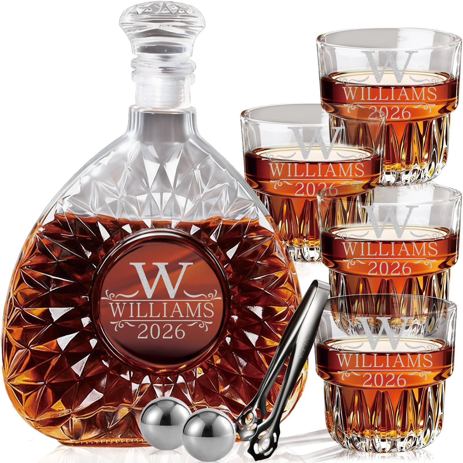 Personalized Whiskey Decanter Set - Custom Engraved Liquor Decanter (18oz/26oz) for Men & Dad, Includes Chill Stones & Tongs