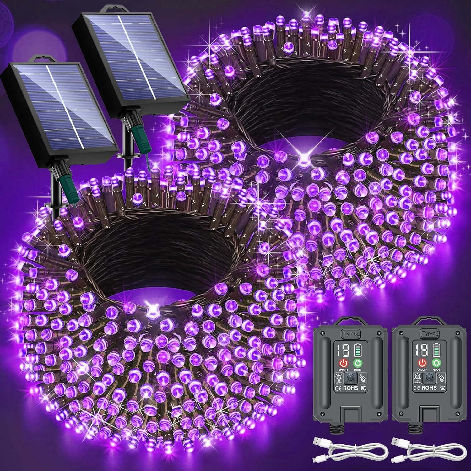 New Upgraded Purple Solar String Lights Outdoor 2 Pack Total 144FT 400LED Solar & USB Rechargeable 19 Mode Solar Halloween Lights for Outside Yard Patio Garden Party Xmas Halloween Decorations, Purple