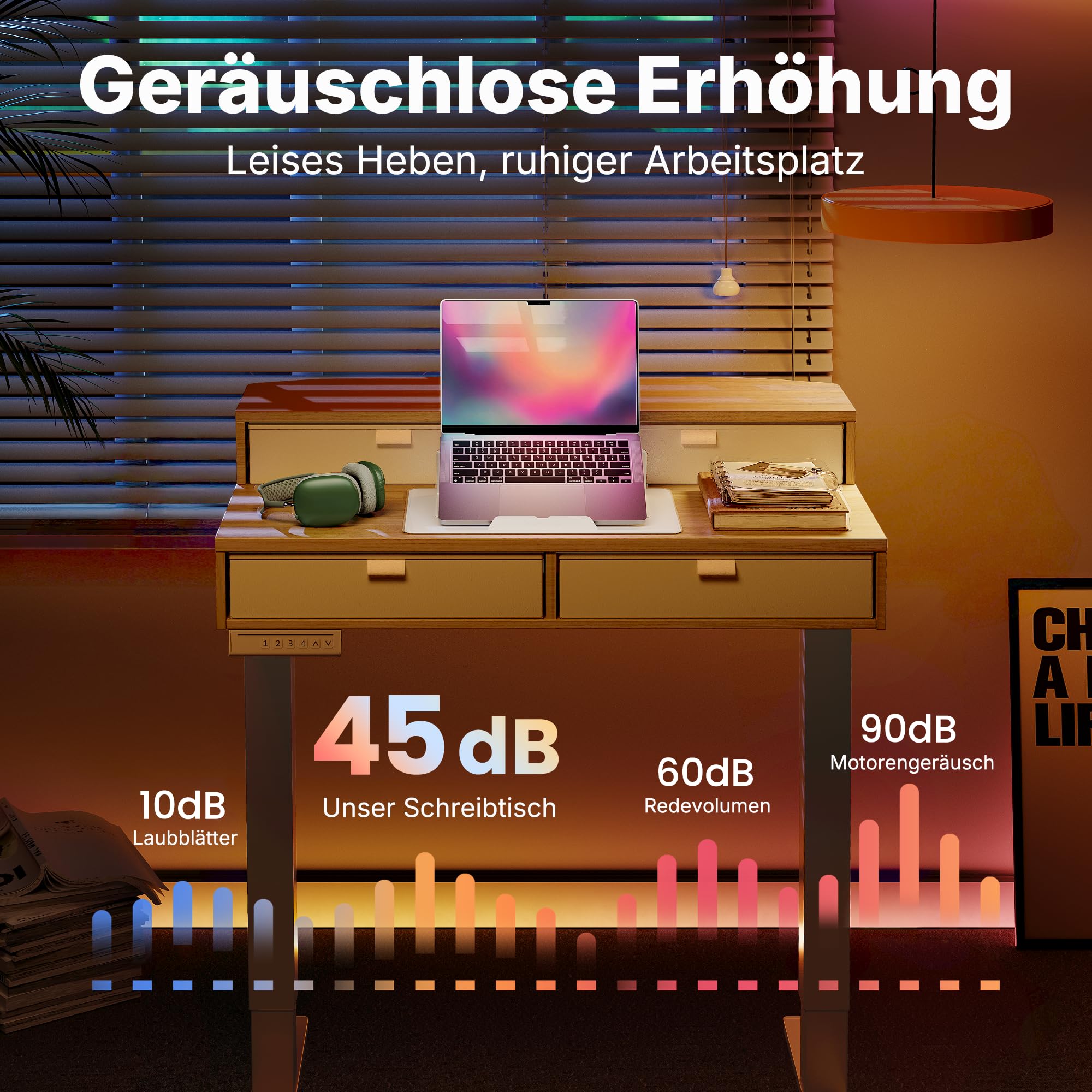 HUANUO 80 x 53 cm Höhenverstellbarer Schreibtisch mit Schubladen | kompatible C-Klemme-Halterung, 4 Gedächtnis-Höheneintellungen