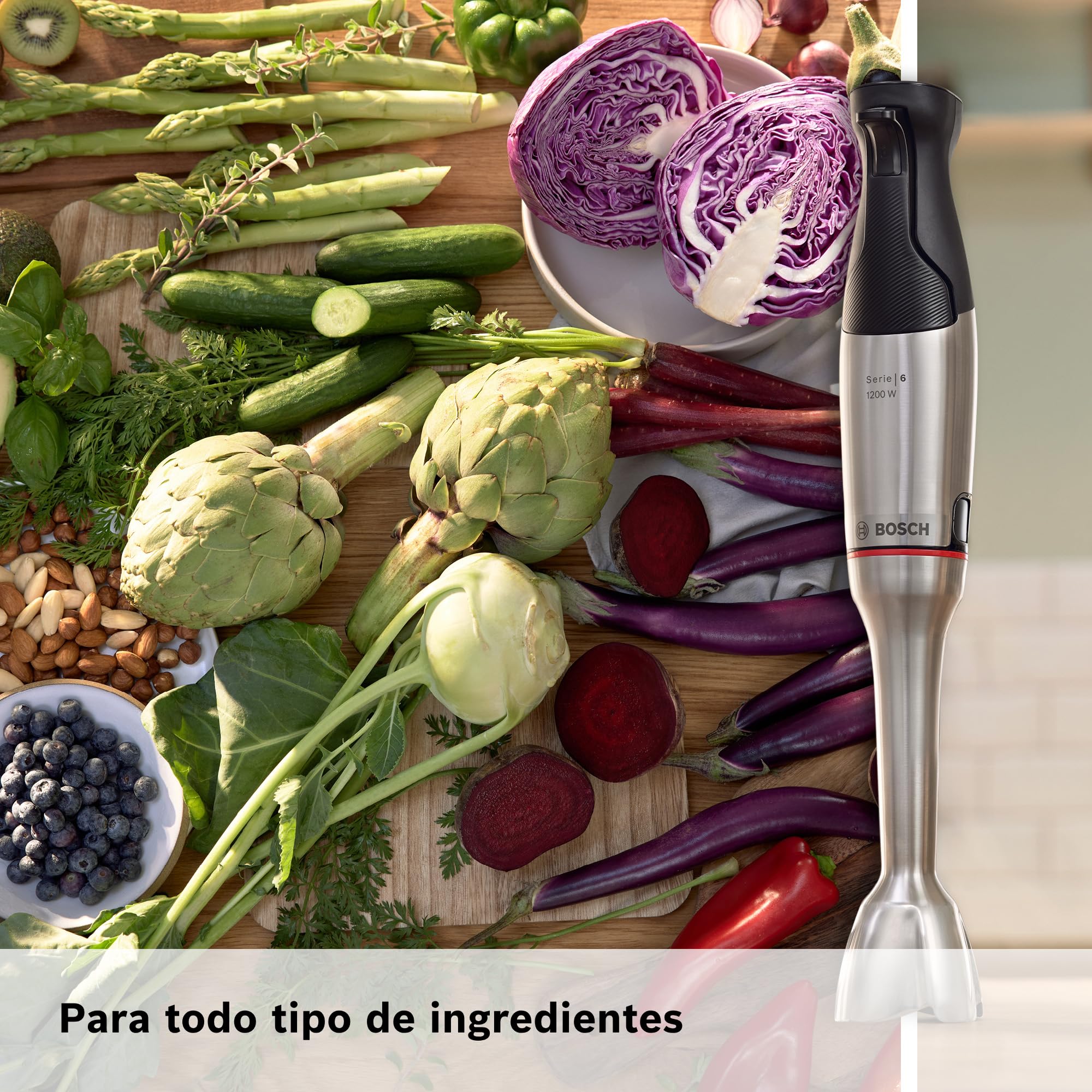Bosch - Batidora ErgoMaster, Serie 6, 1200 W, QuattroBlade System Pro, Accesorios incluidos, Acero inoxidable, MSM6M830
