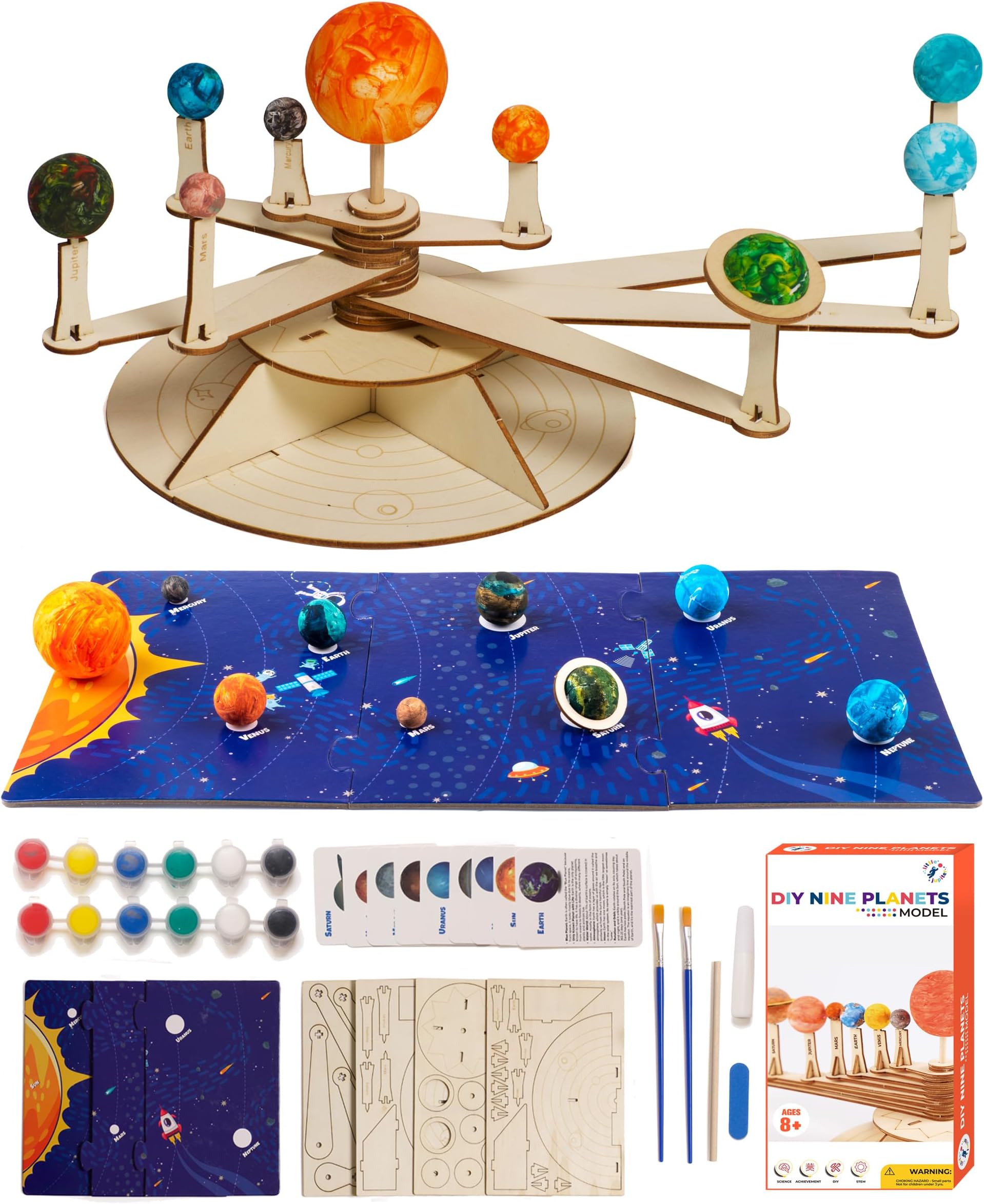 Nine Planets DIY Solar System Model for Kids - Complete Solar System Model Kit for Kids 8+ Years Old - Includes Wood Model & Puzzle with Fact Cards - Science Kits for Kids 8-12