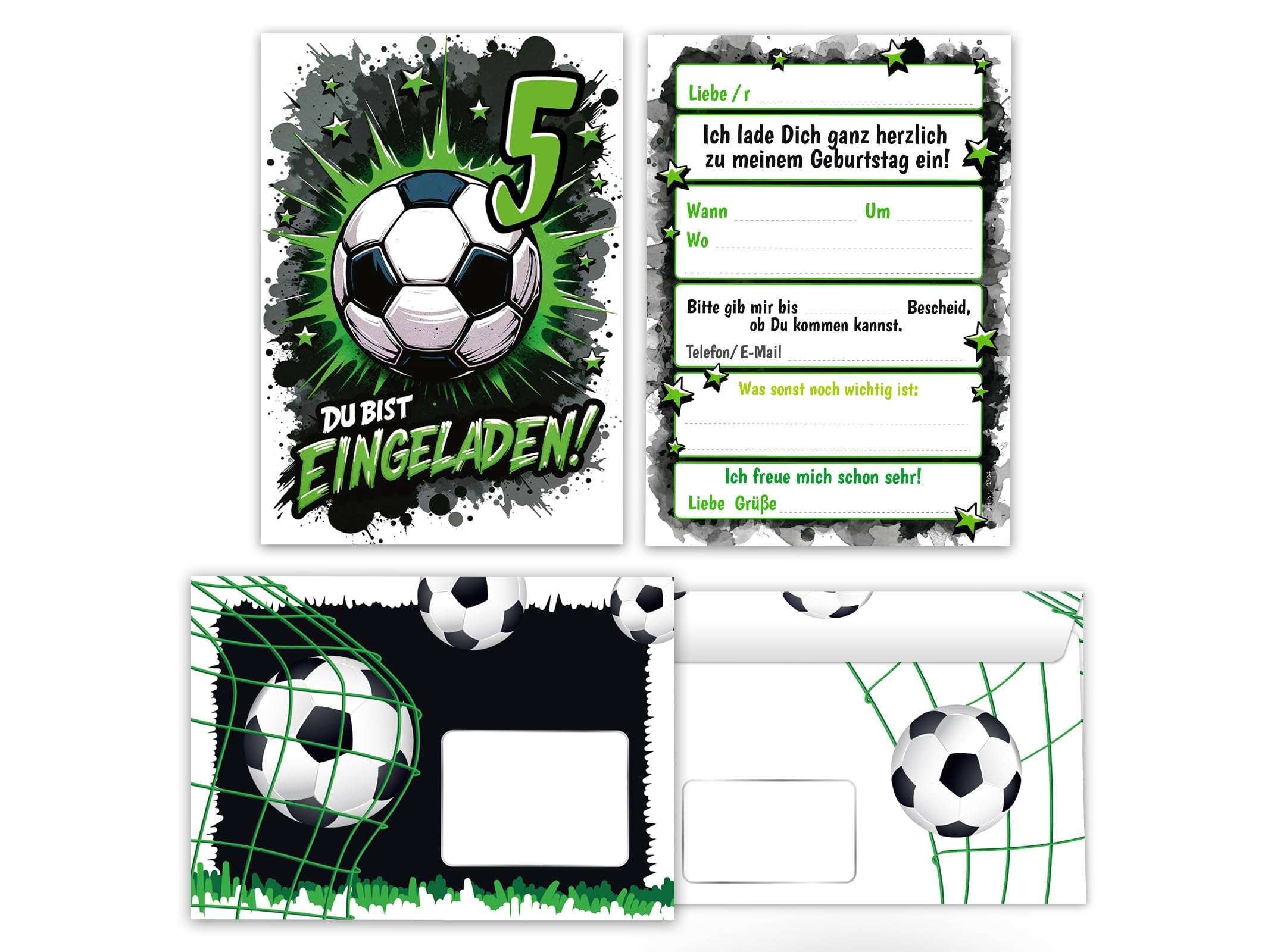 Junaversum 12 Einladungskarten inkl. 12 Umschläge zum 5. Kindergeburtstag Jungen Fußball Fussball Kinder coole bunte Einladungen fünfte Geburtstag Geburtstagseinladungen Kids