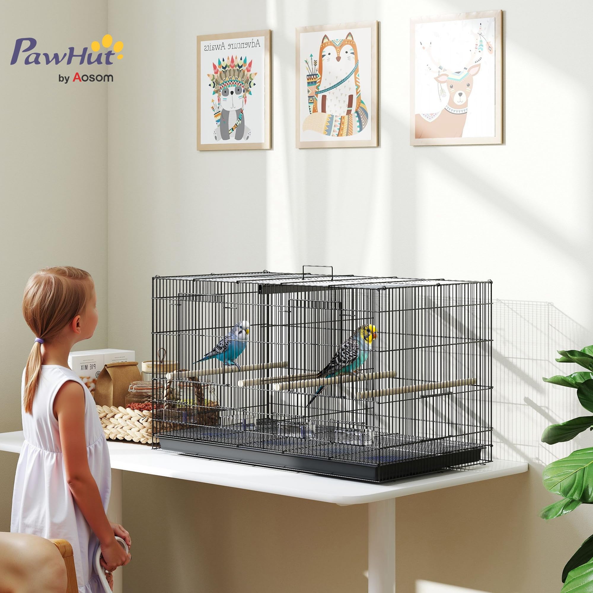PawHut Jaula para Pájaros con Divisor, 76x46x46 cm, Pajarera con 4 Comederos, 4 Perchas y Bandeja Extraíble, Jaula para Loros, Canarios, Periquitos, Negro