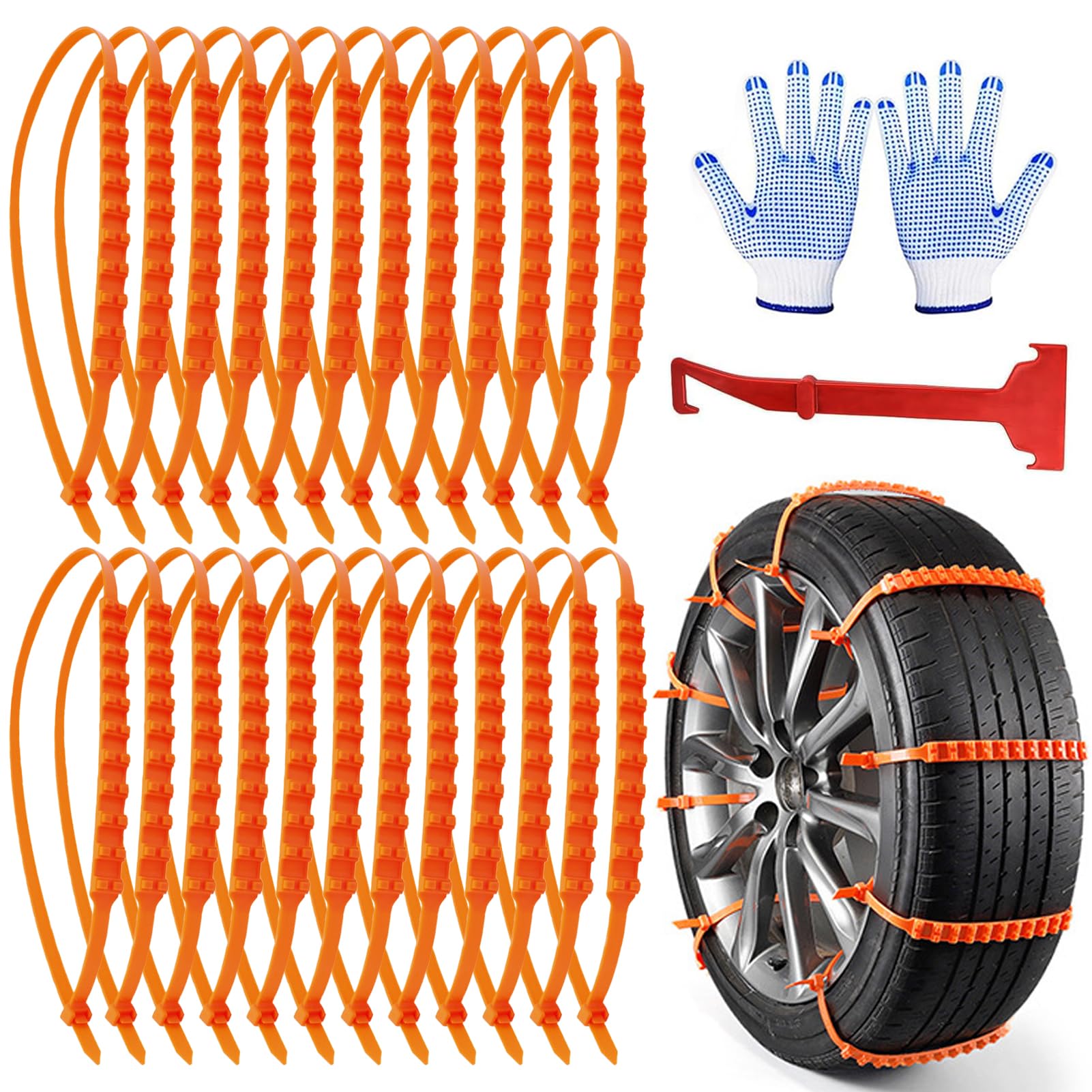 24 PCS Schneeketten,Schneekette Auto,Reifen Schneekette Ultraleistungsfähig,Universal Winter Reifenketten,mit Handschuhe & Schneeschaufel,Auto Schneeketten 145-295mm,für Winterreifen für Suv,Lkw