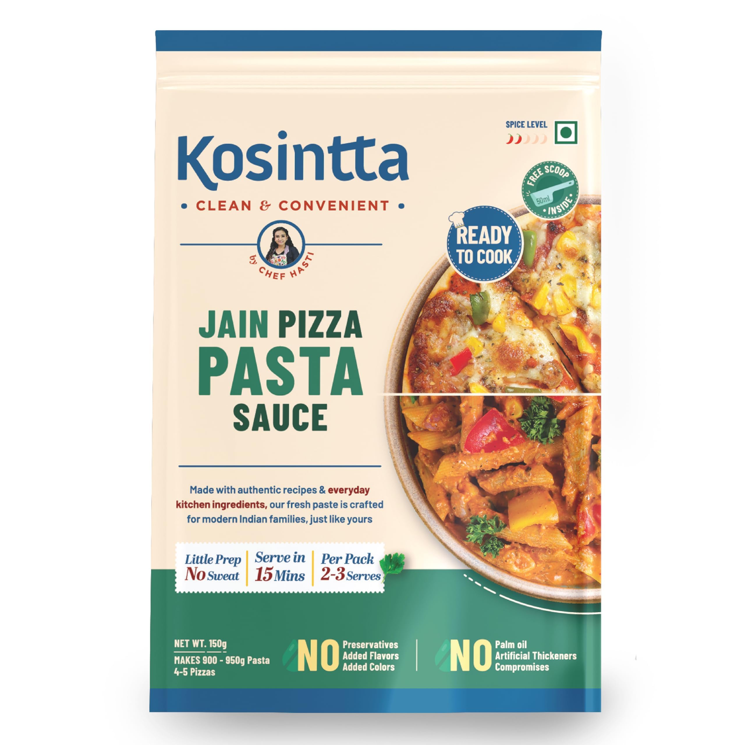 Kosintta Jain Pizza Pasta Sauce | Ready-to-Cook Italian Style Sauce | Cooks in 15 Minutes | Serves 2–3 | No Preservatives & No Palm Oil | Tasty & Aromatic | Fresh Small-Batch Sauce | 150g
