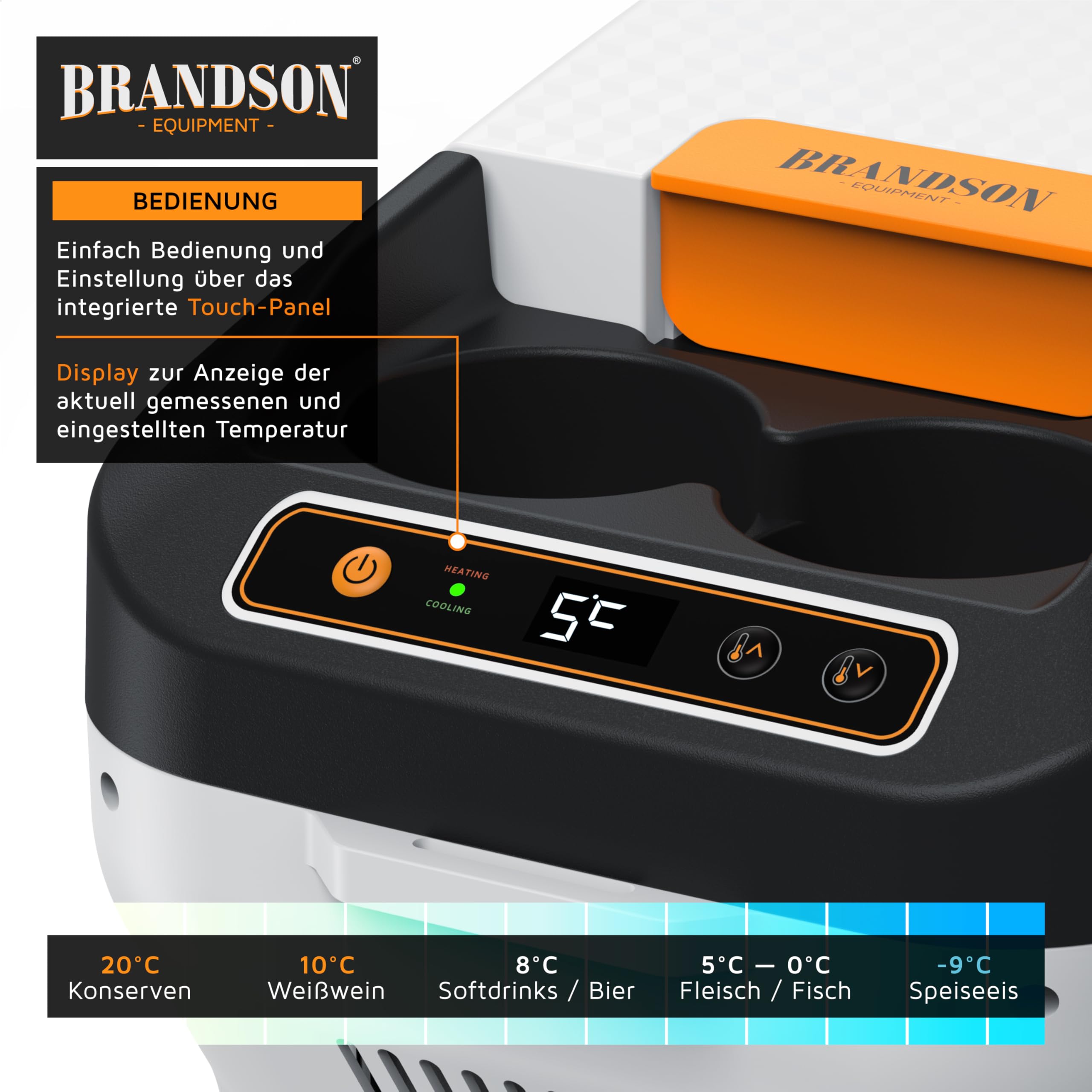 Brandson - Lodówka elektryczna 10 l – 230 V napięcie sieciowe i napięcie pokładowe 12 V – chłodzi i ogrzewa – ogrzewanie maks. 65°C – schłodzenie ok. 20°C poniżej temperatury otoczenia – do konsoli