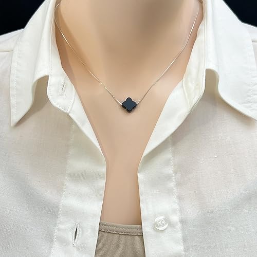 Miniatura 2 de Black Onyx Clover Necklace for Women, Black Onyx Clover Bead on Sterling Silver Necklace Chain, Good Luck Charm Layering Choker Necklace