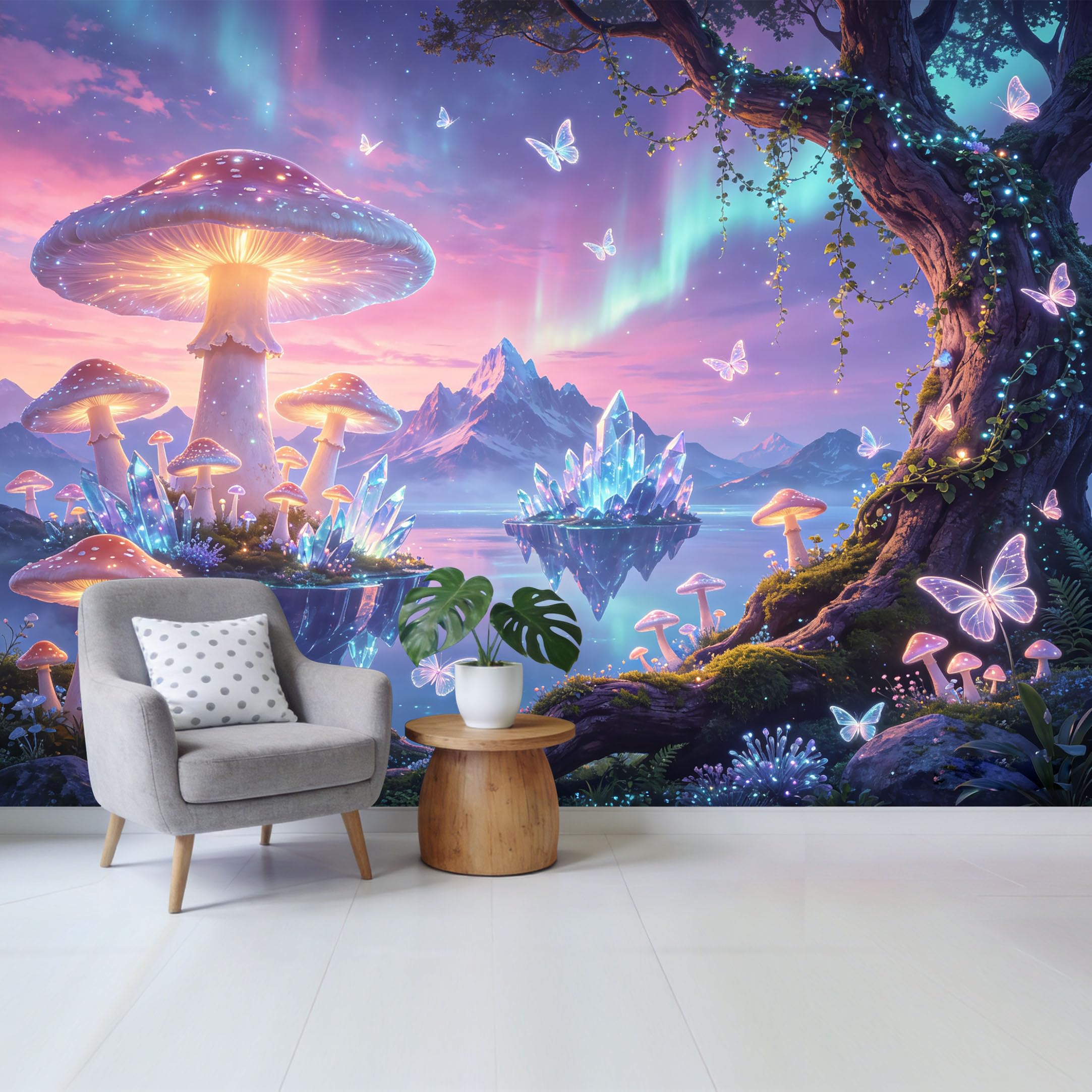 Qzlithotic Yq2605250073 Custom Size Wall Mural Fantasy Glowing Mushroom Forest Aurora Crystal Mountain Lake Butterfly 3D Selfadhesive Wall Fabric Removable Wallpaper For Home Office Decor