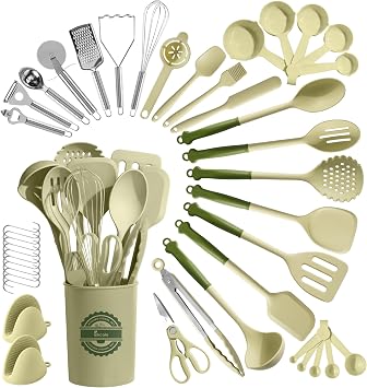 Kikcoin 43 PCS Silicone Kitchen Utensils Set, Dishwasher Safe Kitchen Cooking Utensils Set, 446F Spatulas Silicone Heat Resistant, Non Toxic Silicone Utensils Set With Two-Tone Grip Handles, Green