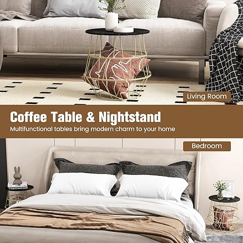 Miniatura 9 de Giantex Mesa auxiliar de mármol sintético, mesa auxiliar redonda con marco de metal dorado y parte superior extraíble, moderna mesa de noche para