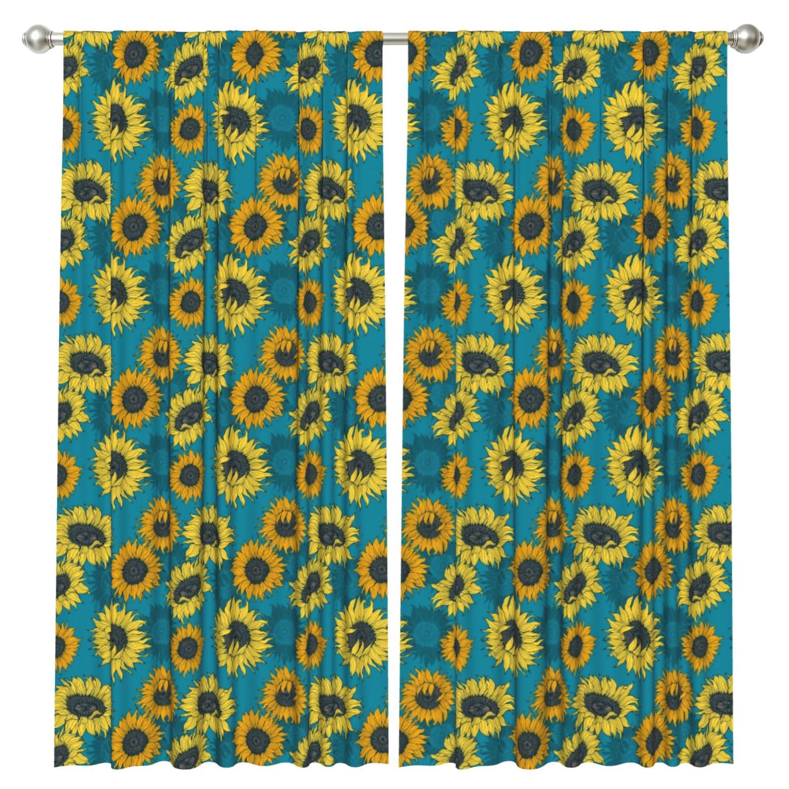 InOmak Yellow Sunflowers On A Blue Background, 2 Panels Window Curtains 52 x 84 Inch Blackout Curtains for Living Room Bedroom