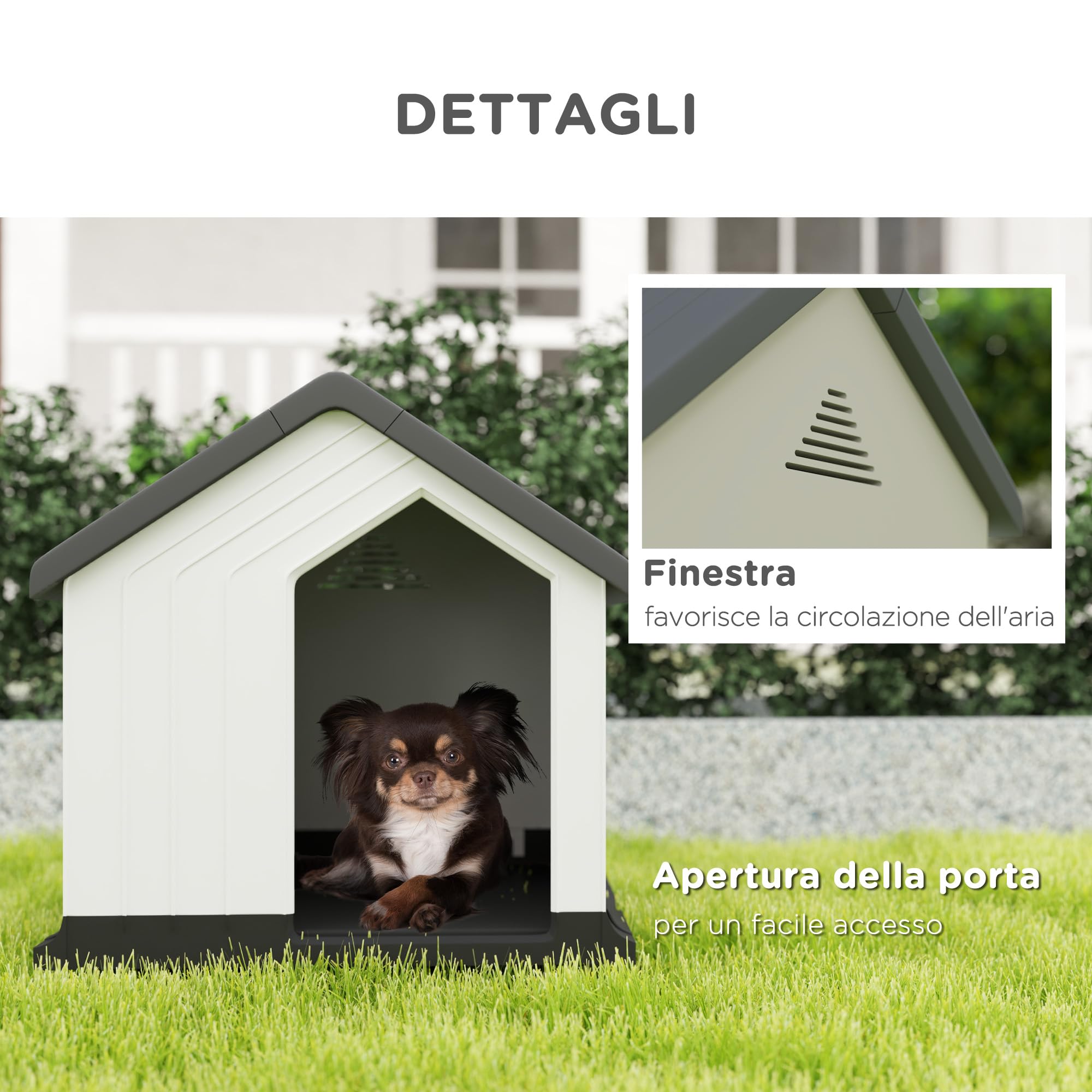 PawHut Casetta per Cani da Esterno Impermeabile Porta 62x61x60 cm Grigio | Cuccia per Cani Piccoli e Mini fino a 10 kg, con Finestra, Facile da Montare