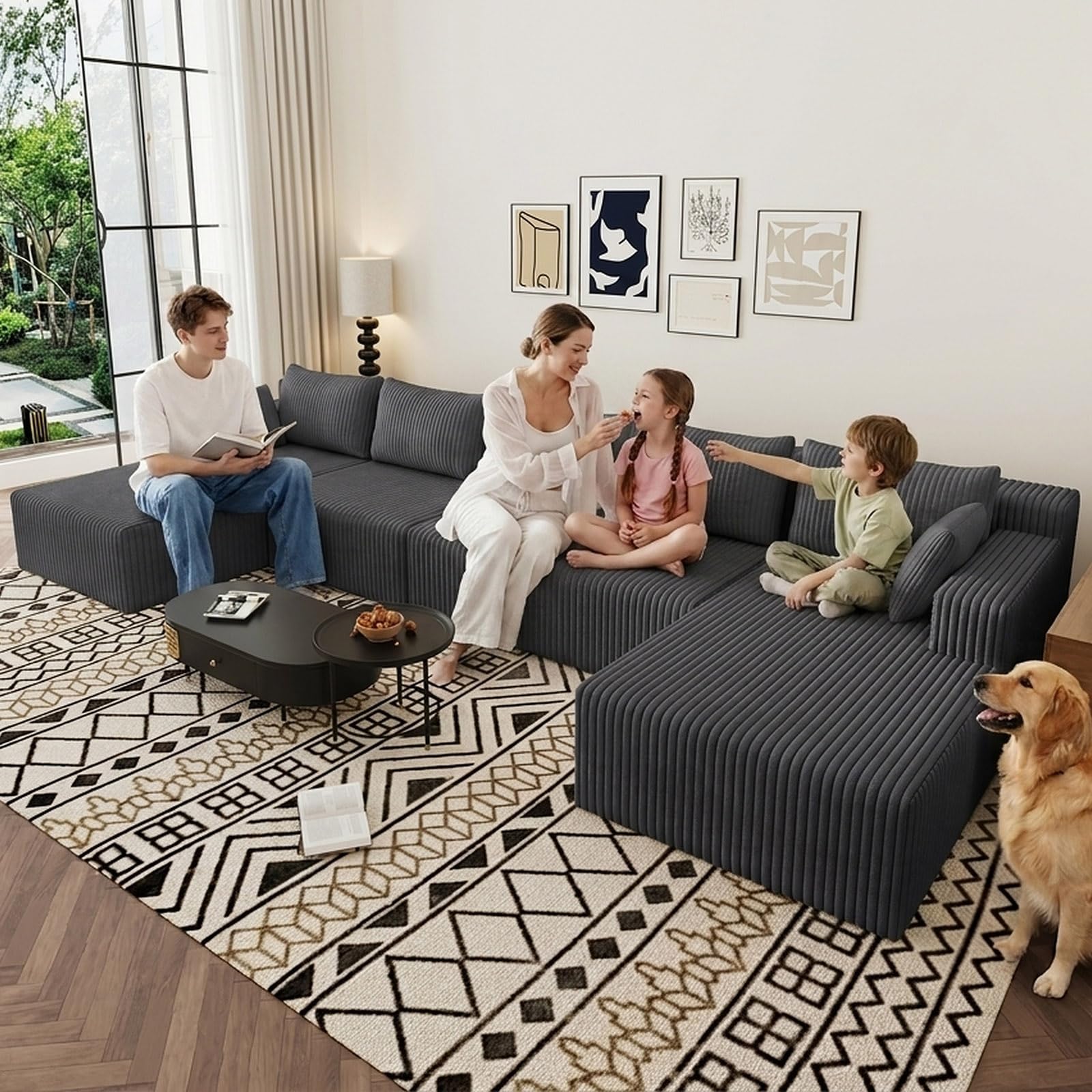160" U-Shape Cloud Couch, Modern Modular Sectional U-Shape Sofa, Corduroy Boneless Couch Upholstered Couches Deep Seat Sleeper Chaise Longue for Living Room, No Assembly Required,Dark Gray