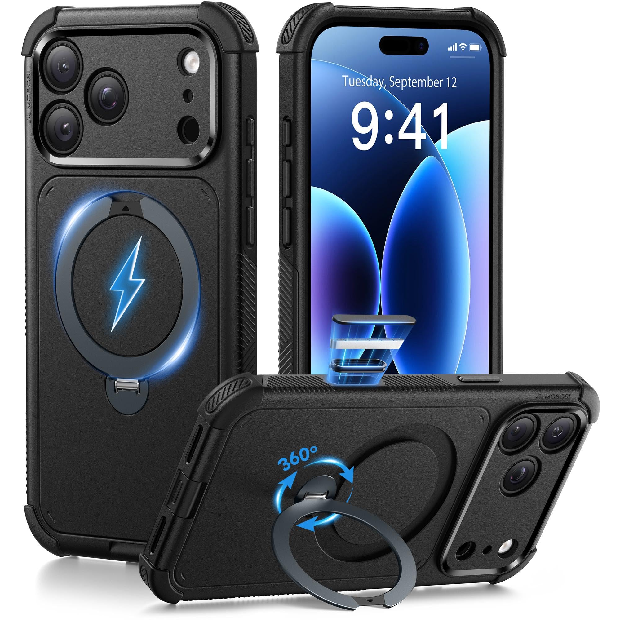 MOBOSI Custodia robusta per iPhone 17 Pro, supporto magnetico, nero