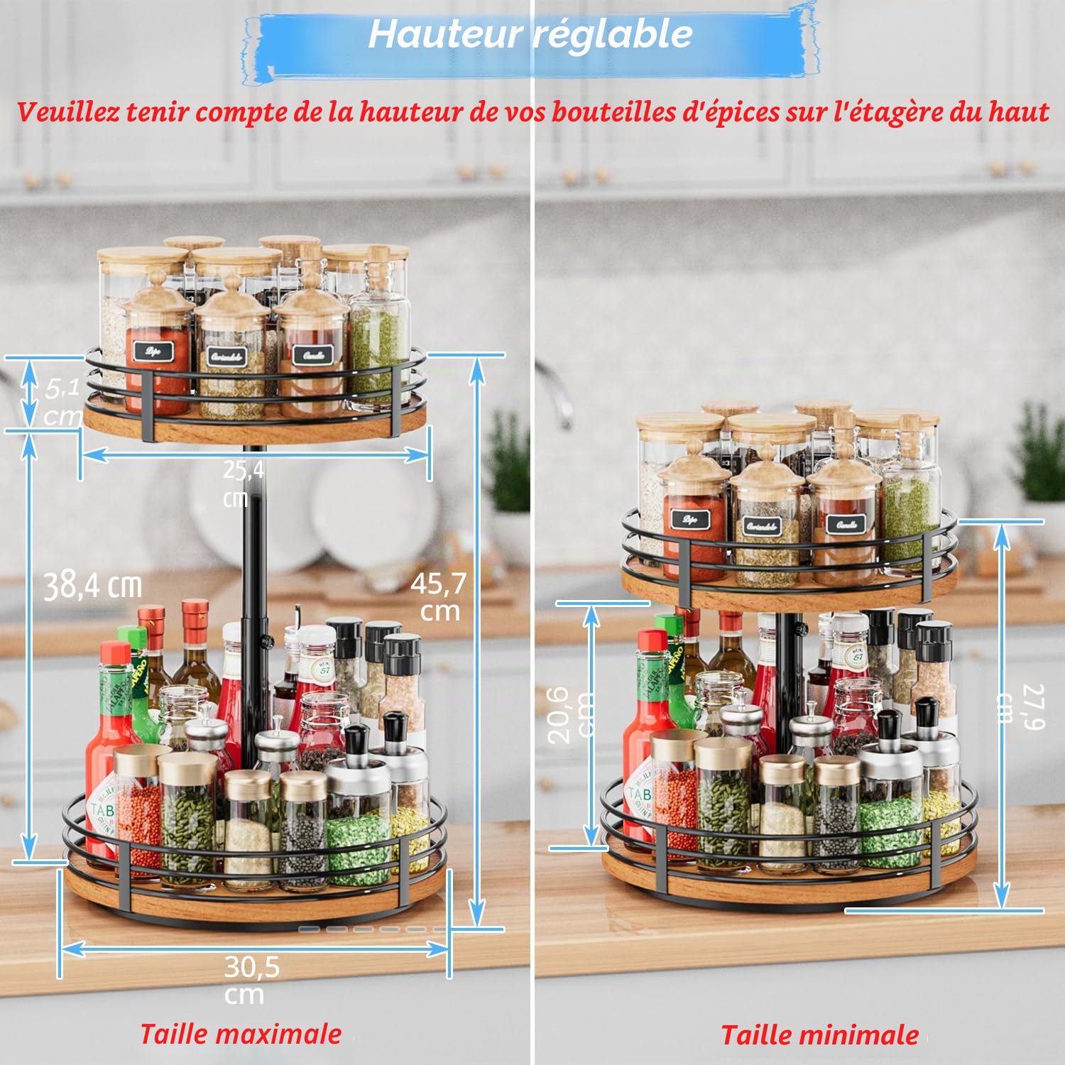 Lazy Susan Organiseur de Plateau tournant réglable – Étagère à épices rotative en Bois à 2 Niveaux de 30,5 cm pour comptoir de Cuisine, Garde-Manger, Placard, Table de Salle de Bain, café, Bar
