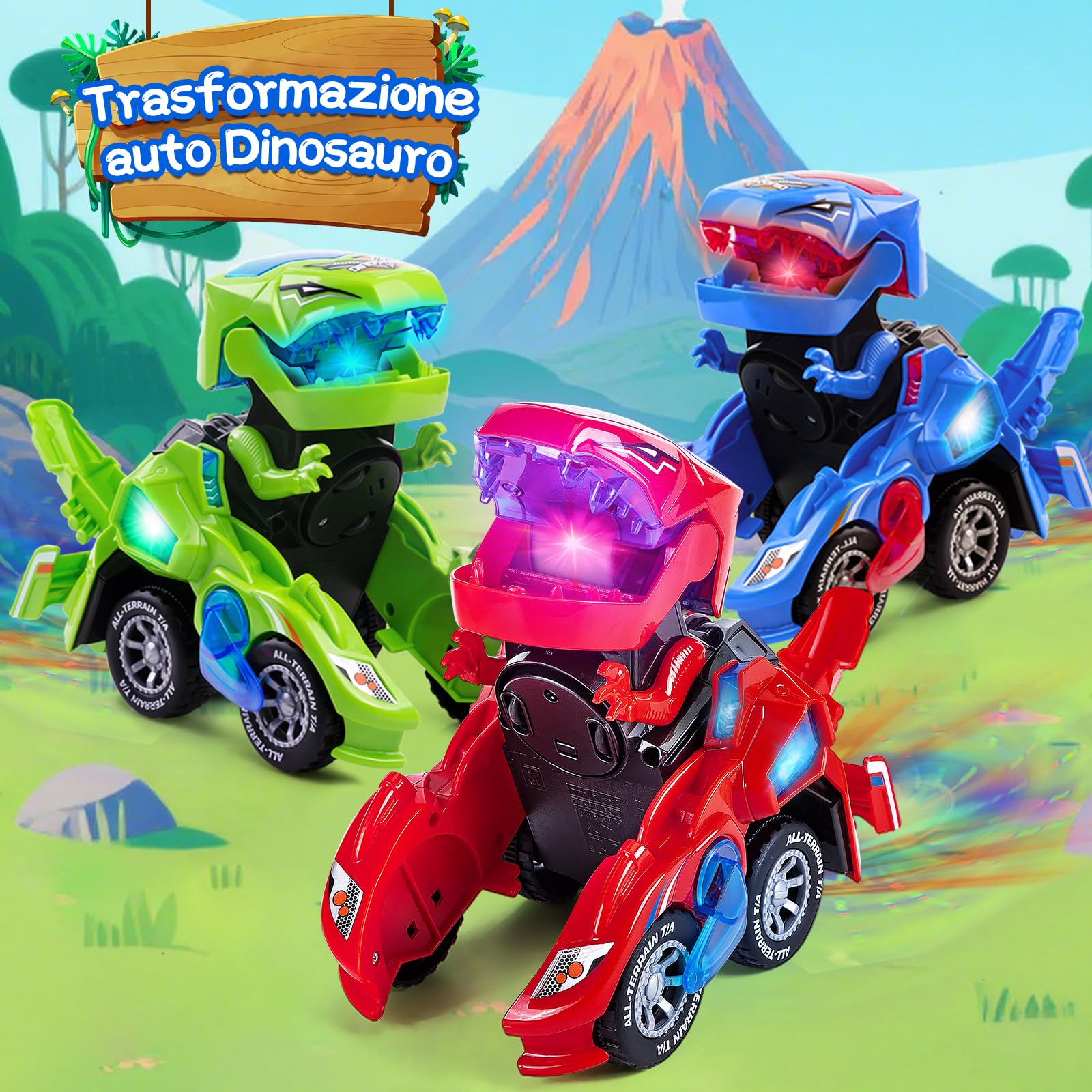 Yellcetoy Dinosauri Transform Giocattoli, Macchina Dinosauri con Musica e Luci, Auto Dinosauro Dino Giocattolo Regali di Natale Compleanno per Bambini Ragazzi 3 4 5 6 7 anni Blu