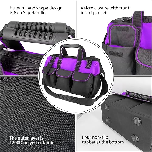 Miniatura 7 de Bolsa de herramientas de jardín de 16 pulgadas de boca ancha con base moldeada para mujeres, resistente, tela de poliéster 600D (color morado)