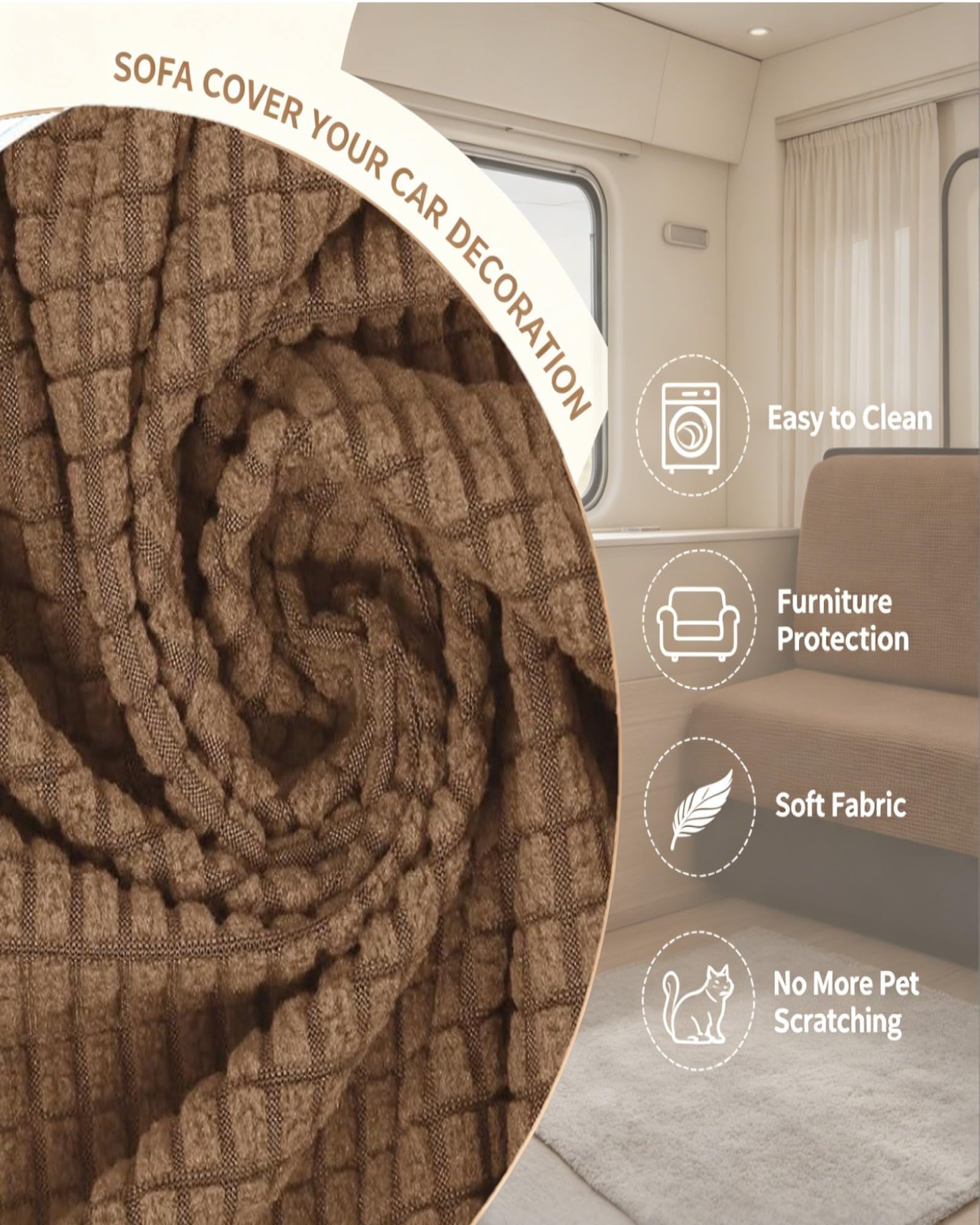 Housse De Coussin De Siège De Caravane, 2 Pièces (1 Set) Élastique Hydrofuge Lavable Housse Banquette RV Housses De Canapé pour Dinette De Camping-Car (Treillis, Couleur Café)