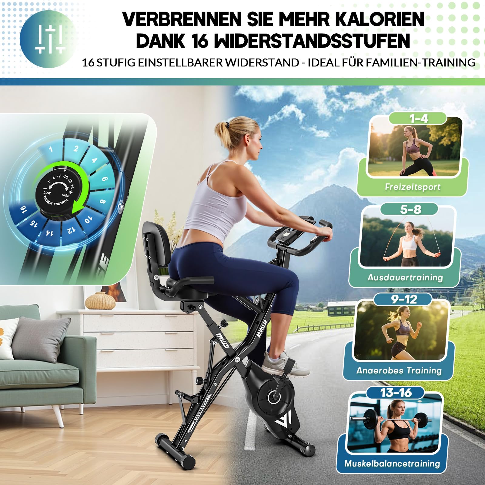 Heimtrainer Fahrrad Klappbar, SLUNSE FITNESS Neu Hometrainer Fahrrad mit 16-stufiger Magnetwiderstand, Ergometer Heimtrainer mit 10dB extra Leise, Indoor Bike für Kardio-Training zu Hause, Bis 160KG