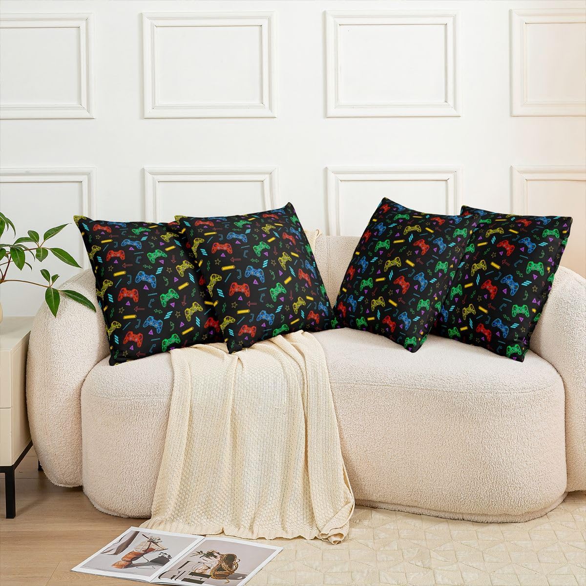 Castle Fairy Colorful Gamepad Kids Throw Pillow Cover,Abstract Star Arrow Print Double Sides Pillow Case,Modern Video Games Home Decor,Red Blue Yellow Bed Couch Sofa Cushion Cover,4 Pack 18"x18" image 5