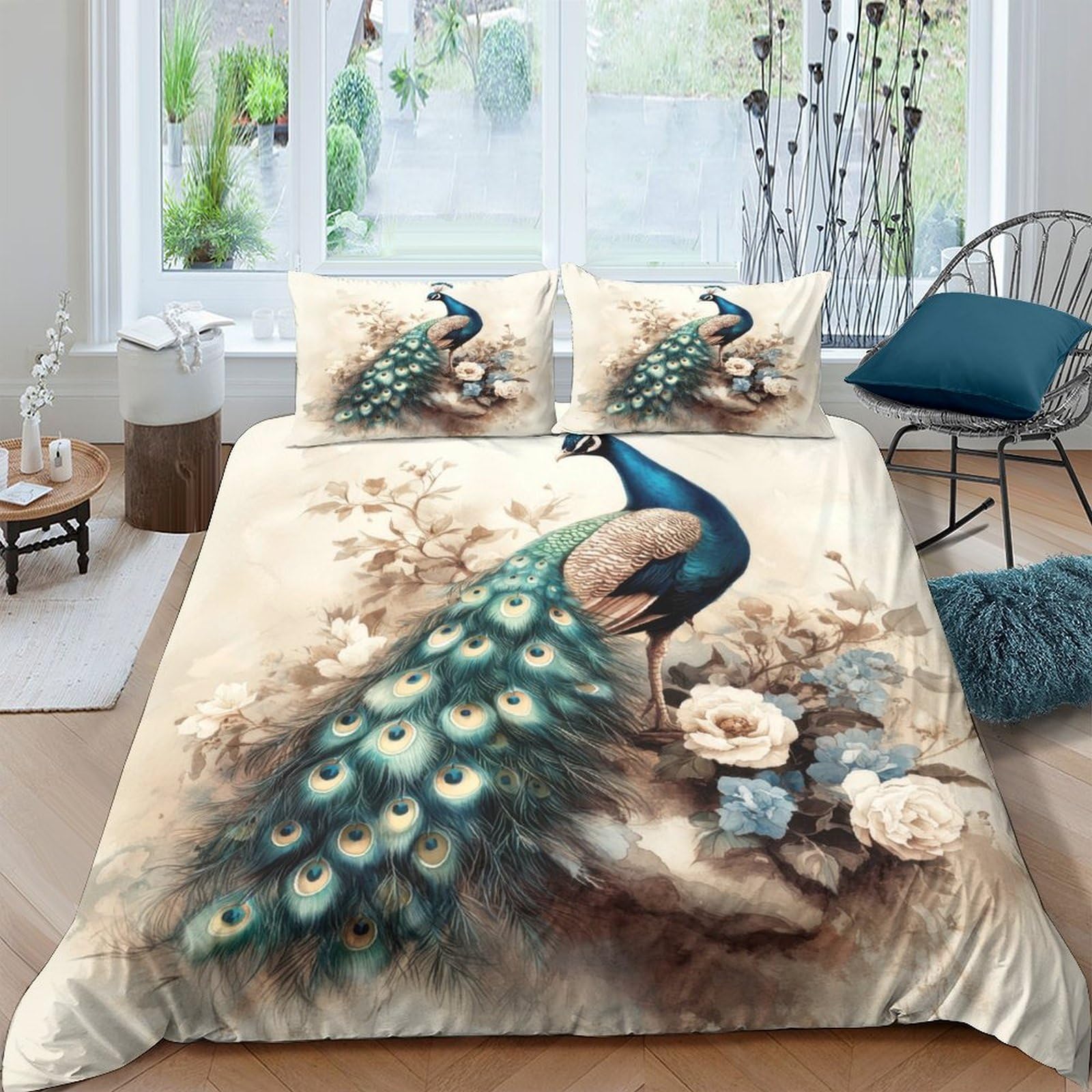 Ctjqhvkz Style-10 3D Printed Peacock Floral Fitted Sheet Microfiber Soft Breathable Elegant Bird Bed Cover For Bedroom Dorm Mattress Decor Single（135X200cm）