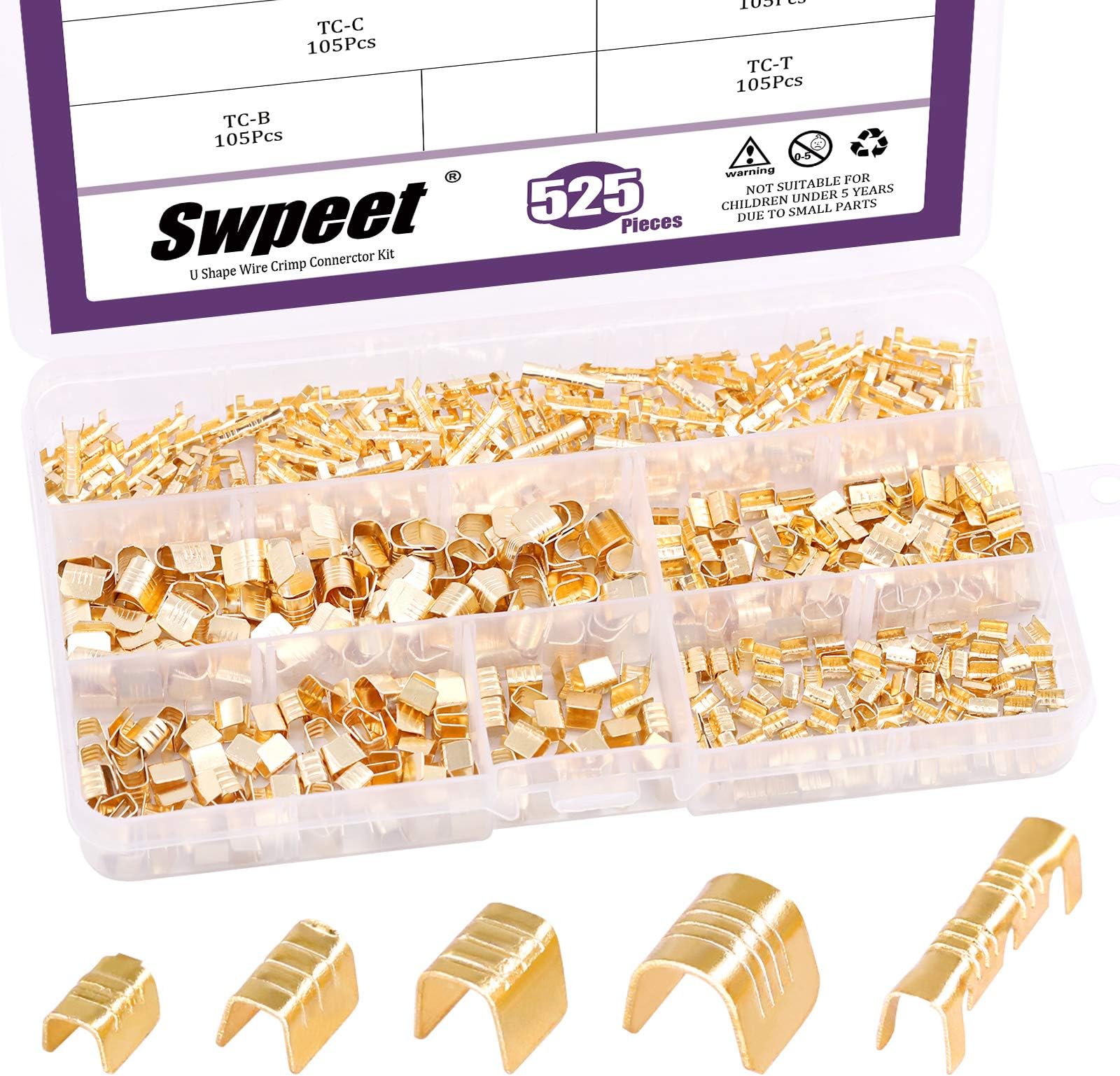 525Pcs Gold TC-1 TC-A TC-B TC-C TC-T Non-Insulated U Shape Wire Crimp Copper Terminal Connerctor Kit, Ring Lugs Crimp Cable Terminal for Crimp Solid Wires or Stranded Wires
