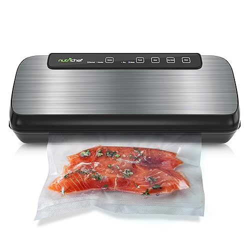 NutriChef Stainless Steel Vacuum Sealer For Food - High-Power Machine with Adjustable Suction, Dry & Moist Modes, LED Lights, Bags, Wine Stopper & Hose, Easy Plug-in Design, Lab-Tested Food Storage - Silver