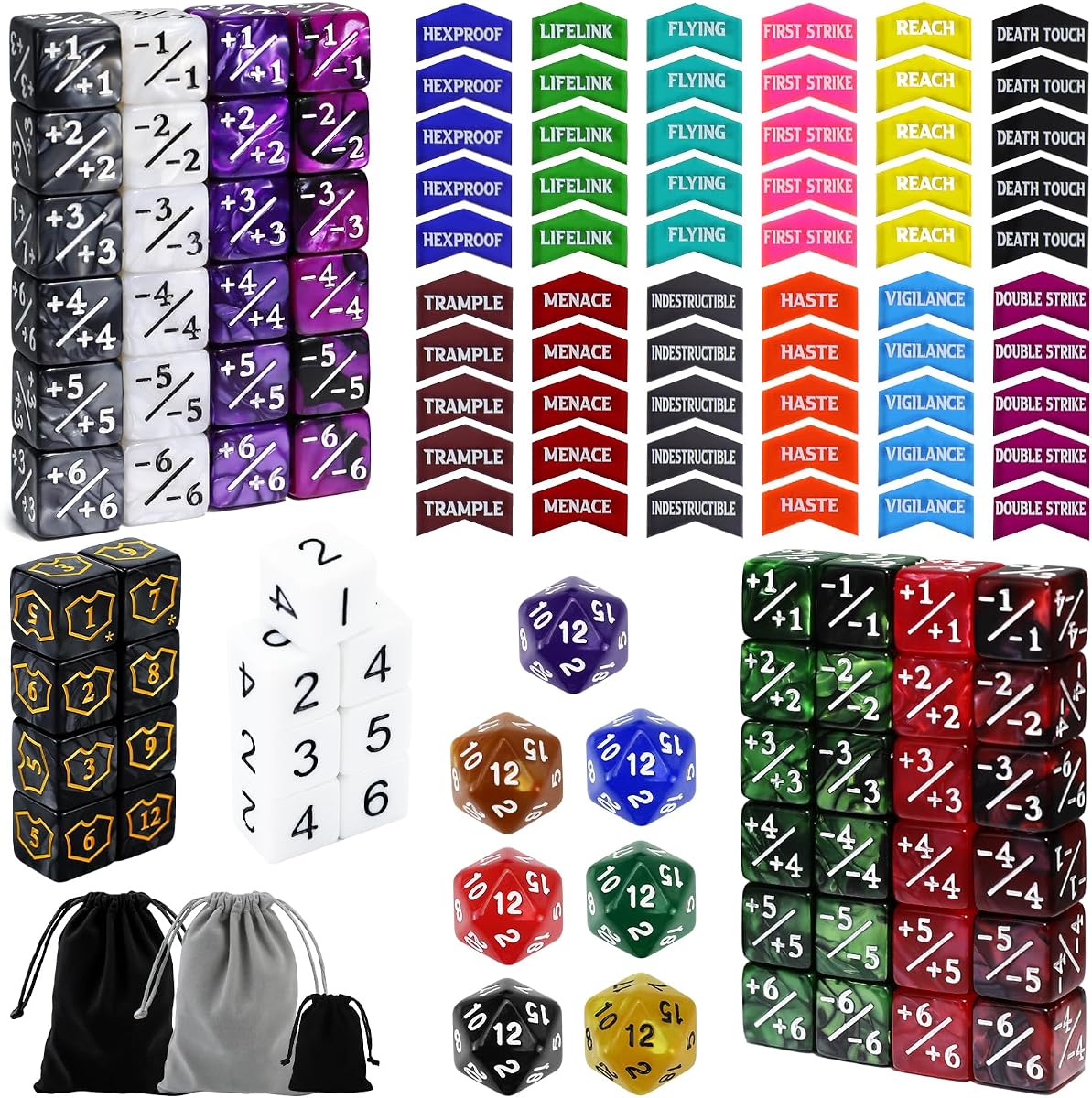 SIXPOINTS Juego de 130 dados contadores MTG más 1 fichas de contadores de vida Dados D20 de 6 caras y contadores MTG/Contadores de palabras clave compatibles con Magic The Gathering, TCG, accesorios para juegos de cartas
