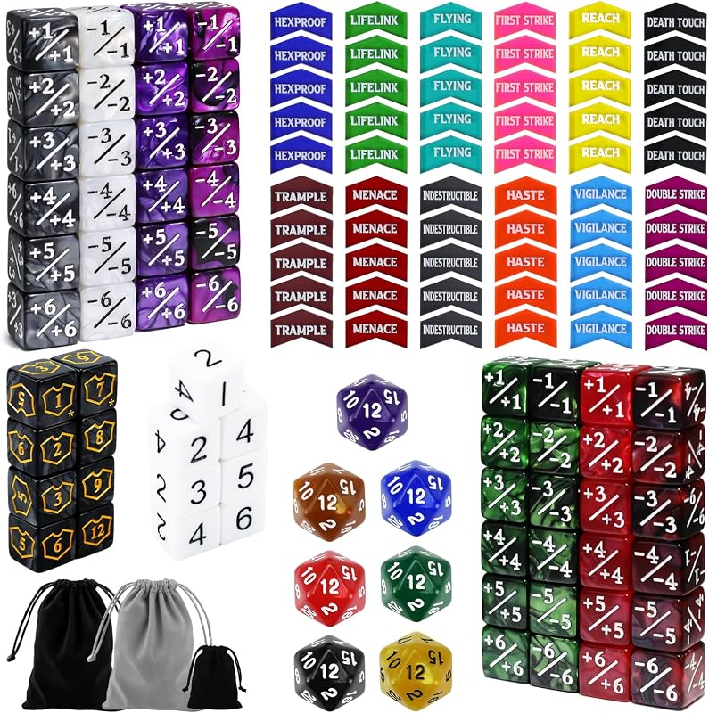 SIXPOINTS Juego de 130 dados contadores MTG más 1 fichas de contadores de vida Dados D20 de 6 caras y contadores MTG/Contadores de palabras clave compatibles con Magic The Gathering, TCG, accesorios para juegos de cartas
