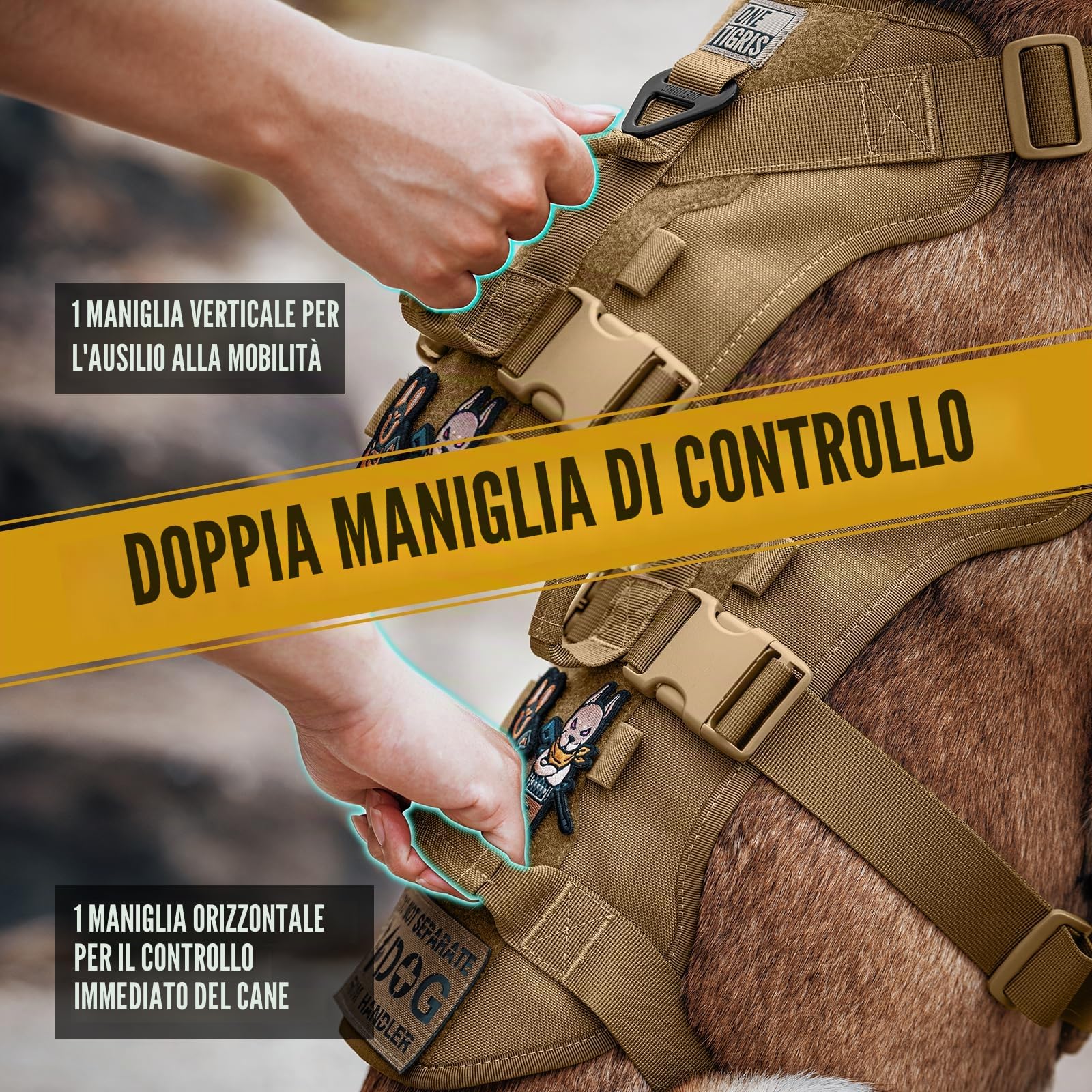 OneTigris Pettorina per cani, T-Bone, tattica con 2 manici, a prova di rottura, regolabile, per cani, caccia, escursionismo, allenamento, passeggiate, attività all'aperto (marrone, M)