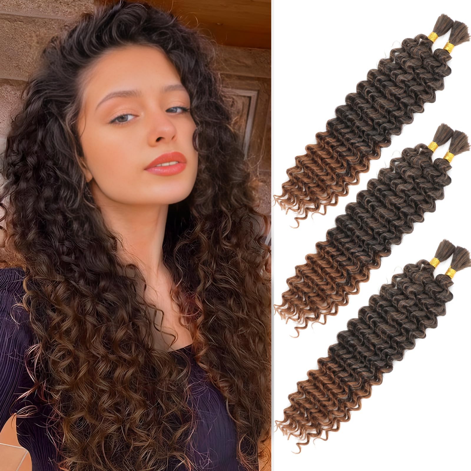 Deep Wave Bulk Hair for Braiding 18 Inch No Weft Deep Wave Bundles Curly Braiding Hair Extensions for Boho Braids and Wavy Braiding Hair 2 Braids per Pack (T30#