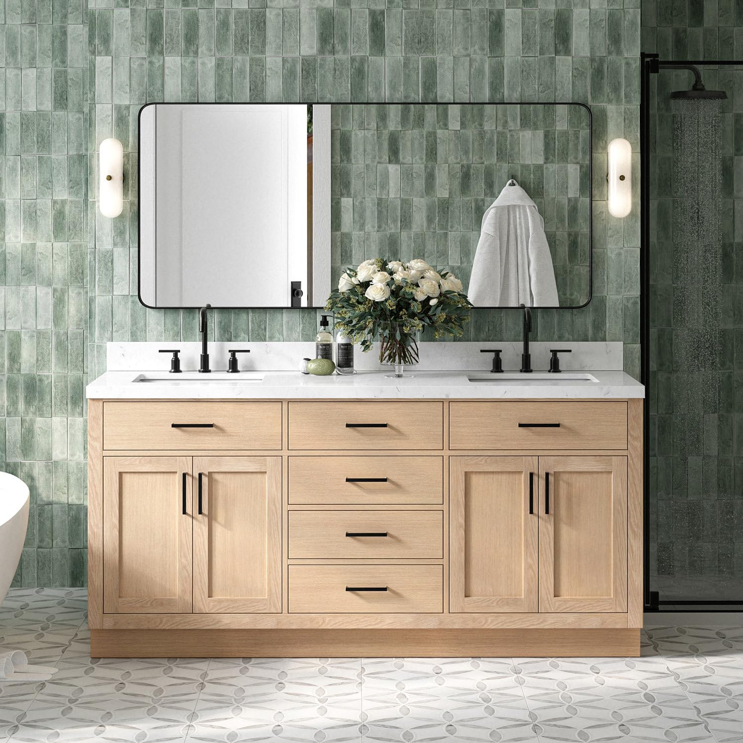 DKB Isabella 72-Inch Oak Double Bathroom Vanity, 1.5-Inch Carrara White Quartz Countertop & 4" Backsplash, Rectangle Sinks, 4 Soft Closing Doors, 6