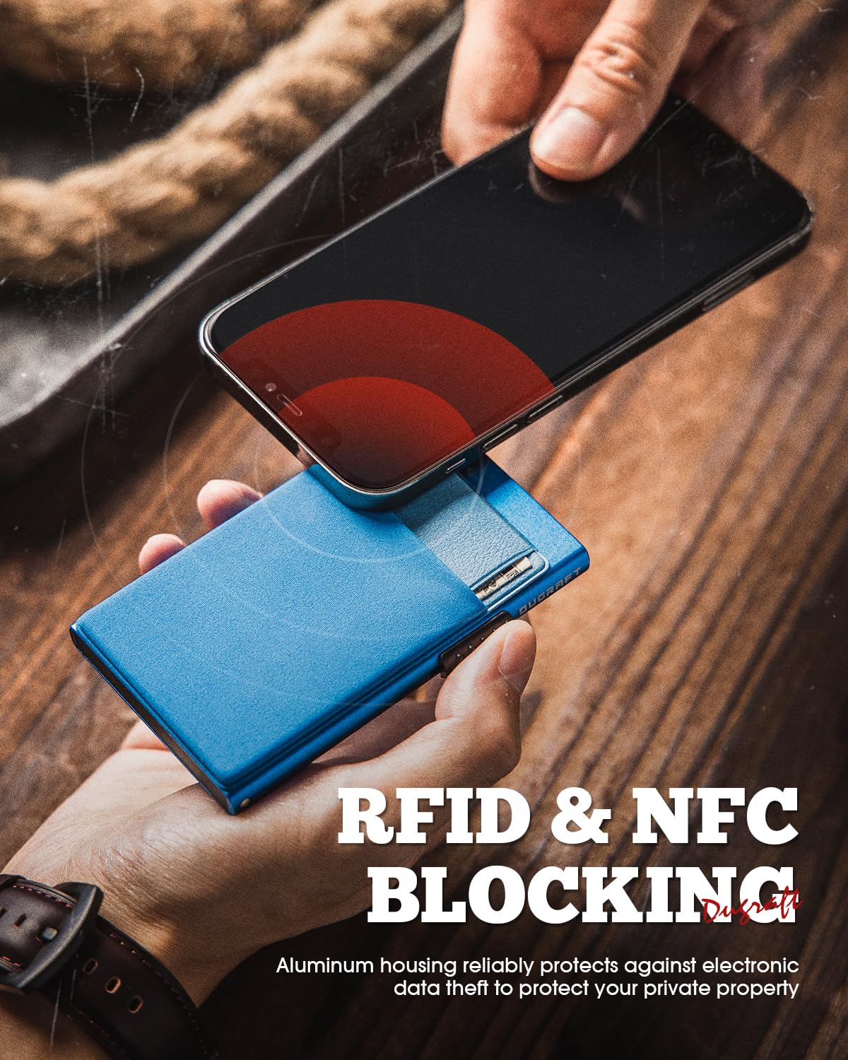 DUGRAFT Porta Carte con Tasca per Soldi, Minimalista da Uomo Sottile in Alluminio Metallo Pop-Up Portafoglio con Confezione Regalo, Contiene 5 Carte e Contanti