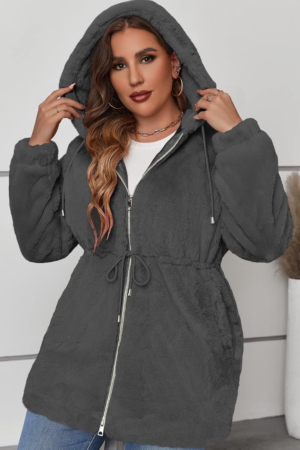 Geschallino Women's Faux Fur Coat Fleece Reversible Sherpa Fuzzy Winter Puffer Jacket (Available in Plus Size) - Image 5