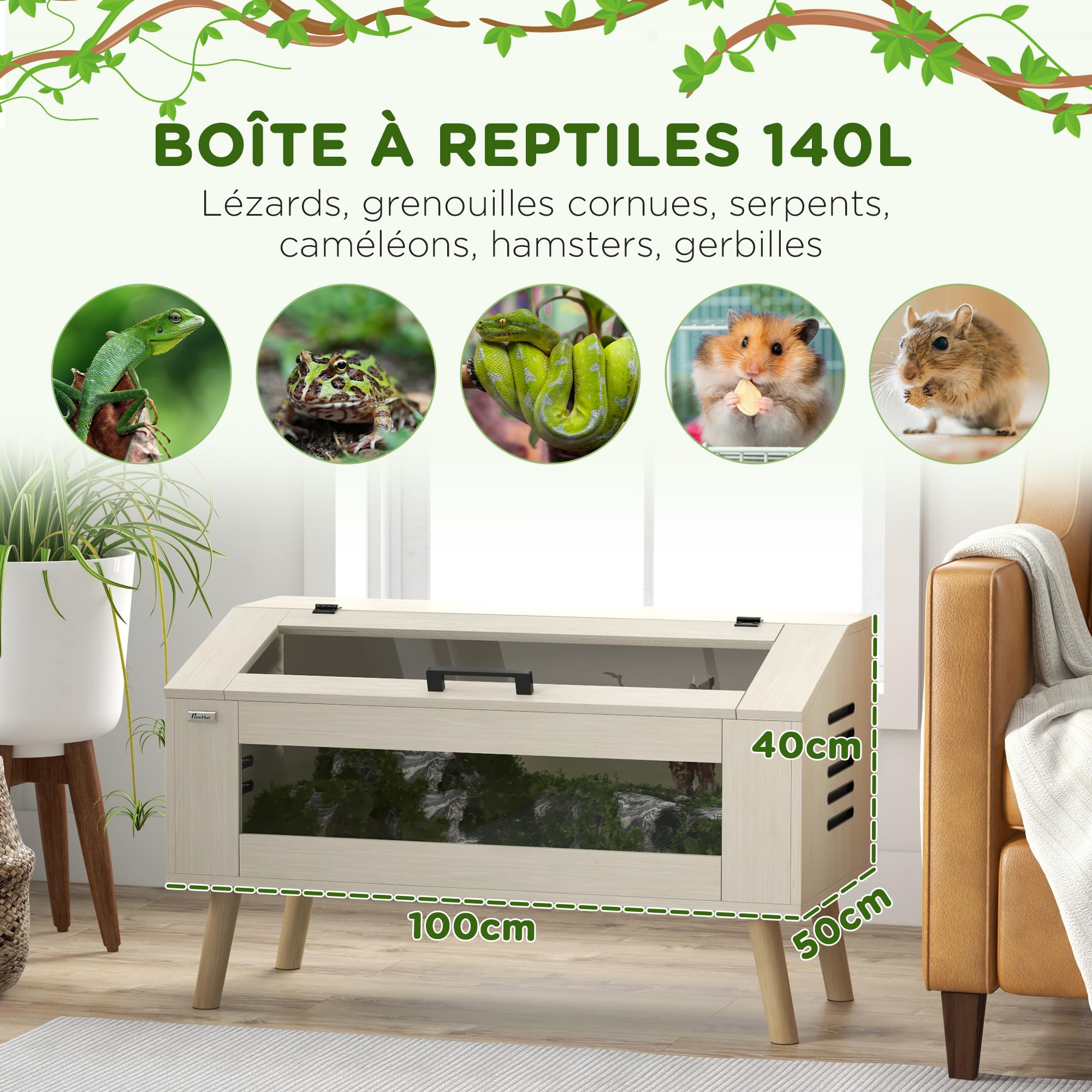 PawHut Terrarium para reptiles con ventilación lateral, Vivarium para serpientes 140L con ventanas de vidrio templado, tapa, 100x50x60 cm, madera natural